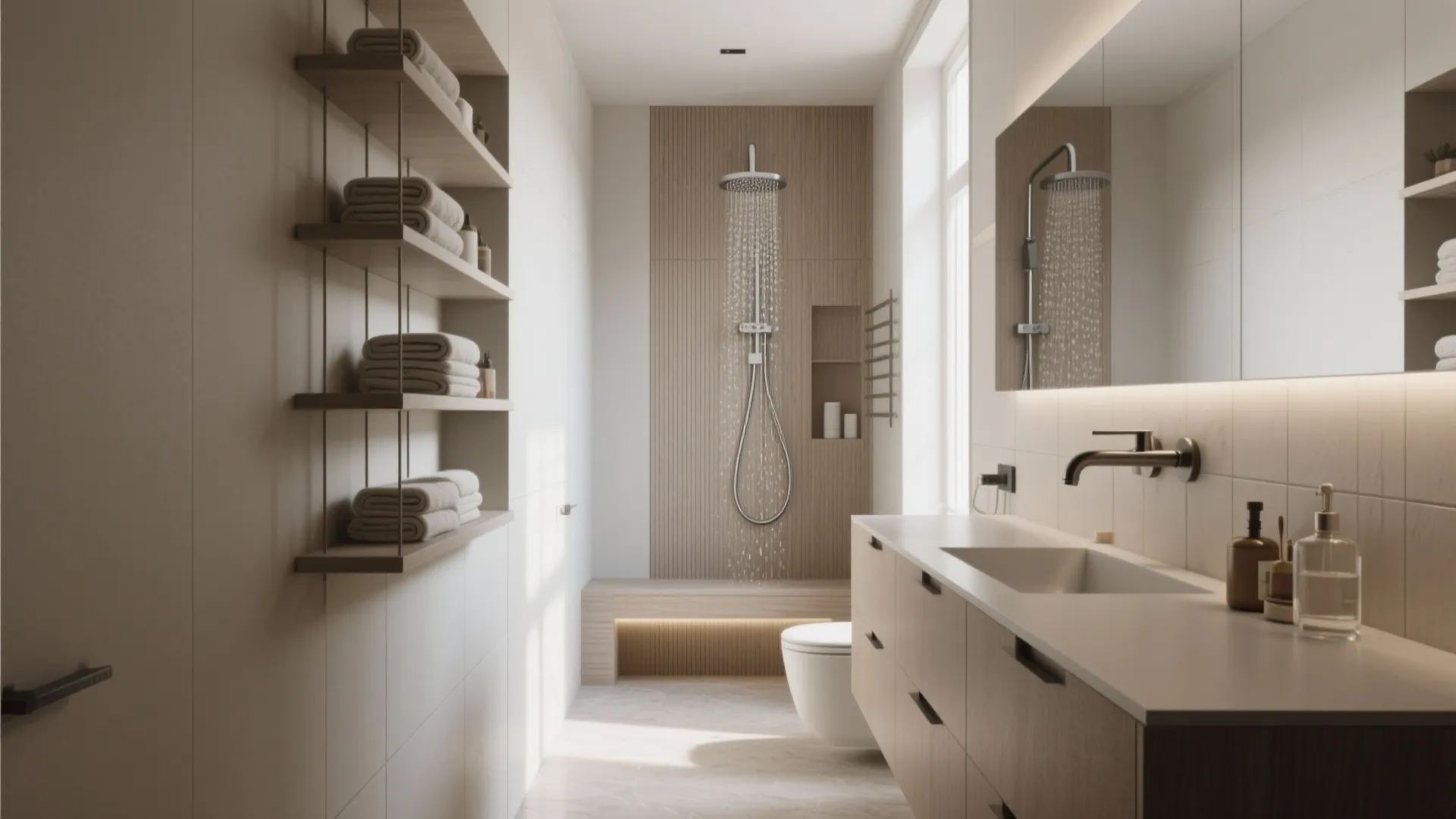 Minimalist bathroom design featuring wood wall panels walk in shower floating cabinet and open shelves
