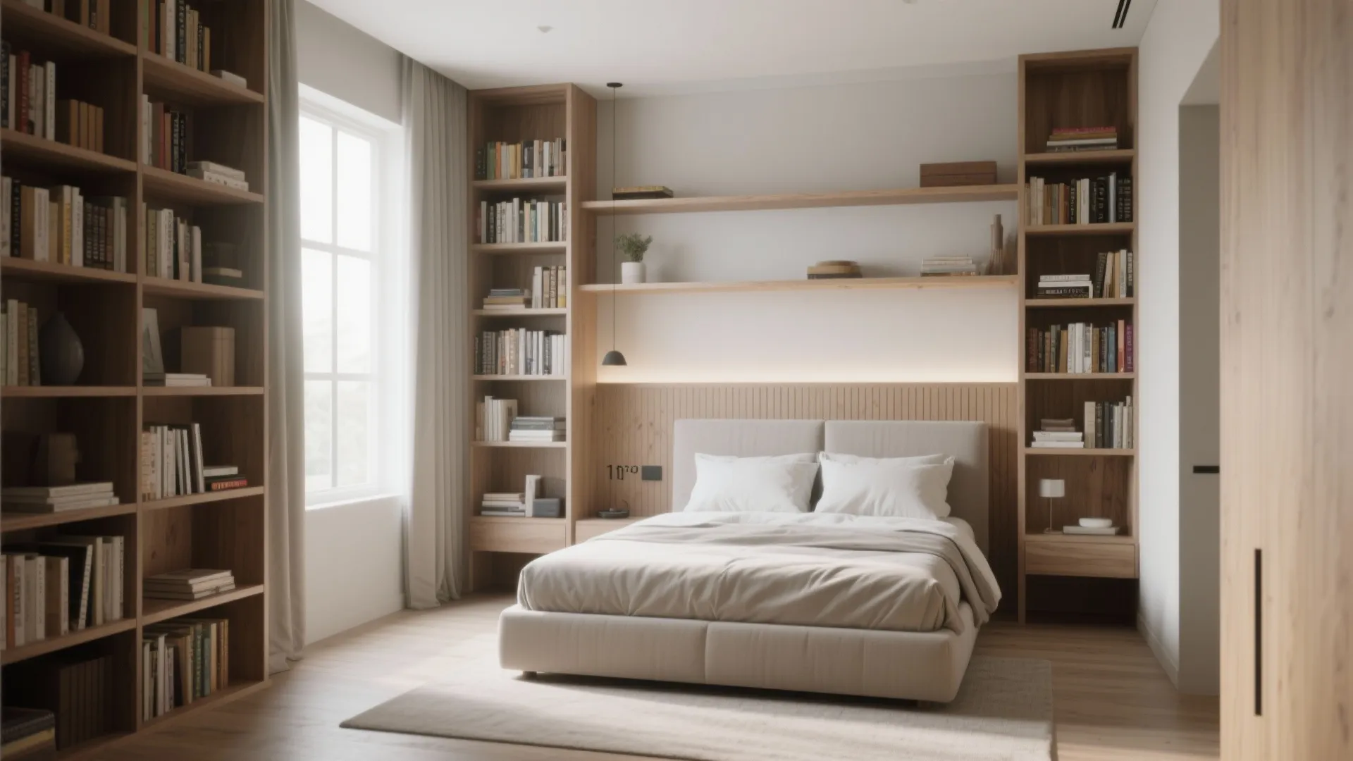 Minimalist bedroom featuring floor to ceiling wooden bookshelves and shelves above the large soft bed
