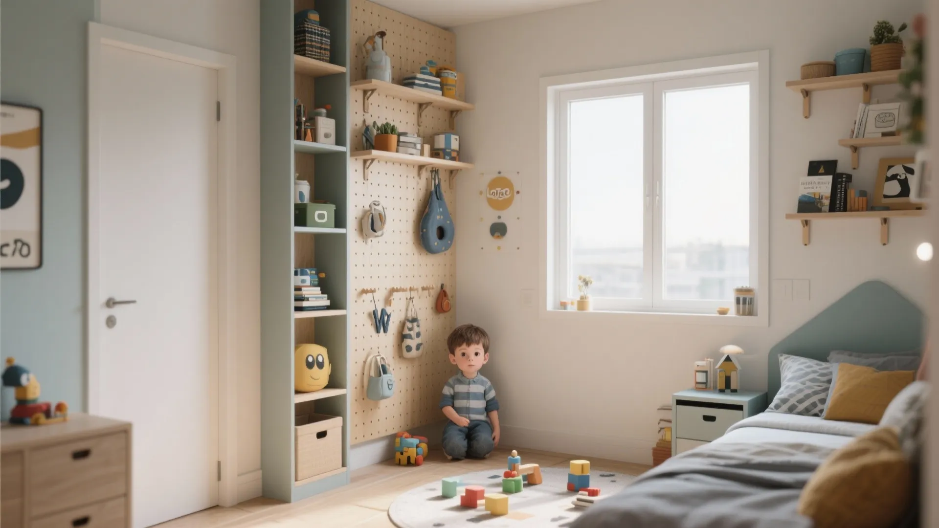 Childs bedroom with vertical wall storage pegboard shelves and a blue bed near the window