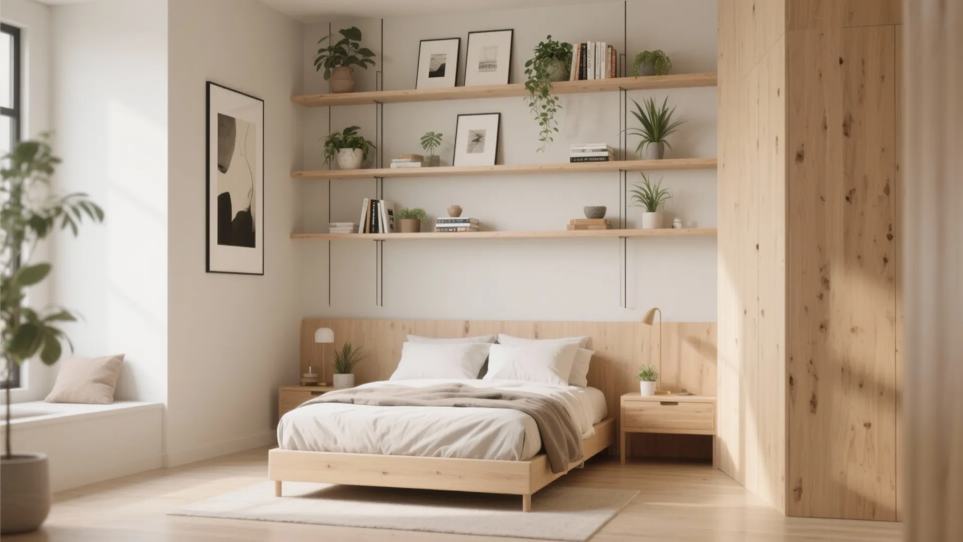 Bright bedroom featuring wooden bed frame and long open wall shelves with plants and books