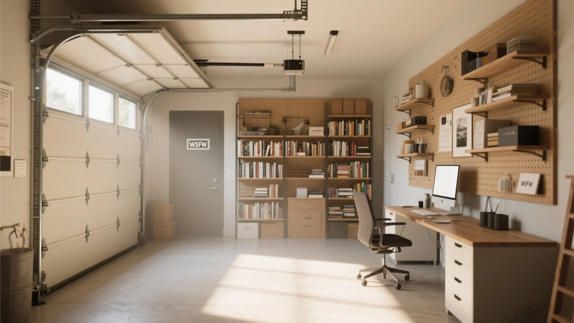 Garage converted into a home office featuring white desk, black chair, wooden bookshelves, and pegboard