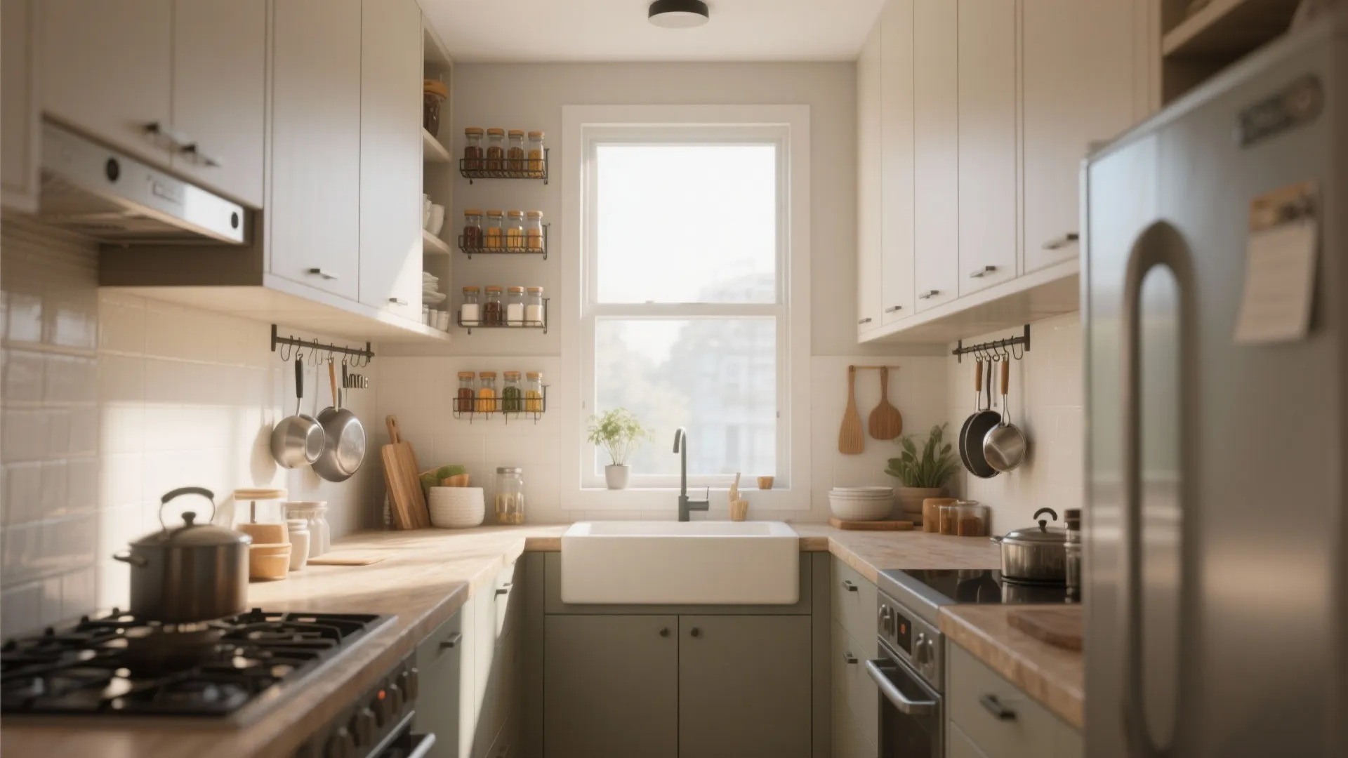 Small galley kitchen layout featuring white cabinets wooden countertops and spice racks on the wall