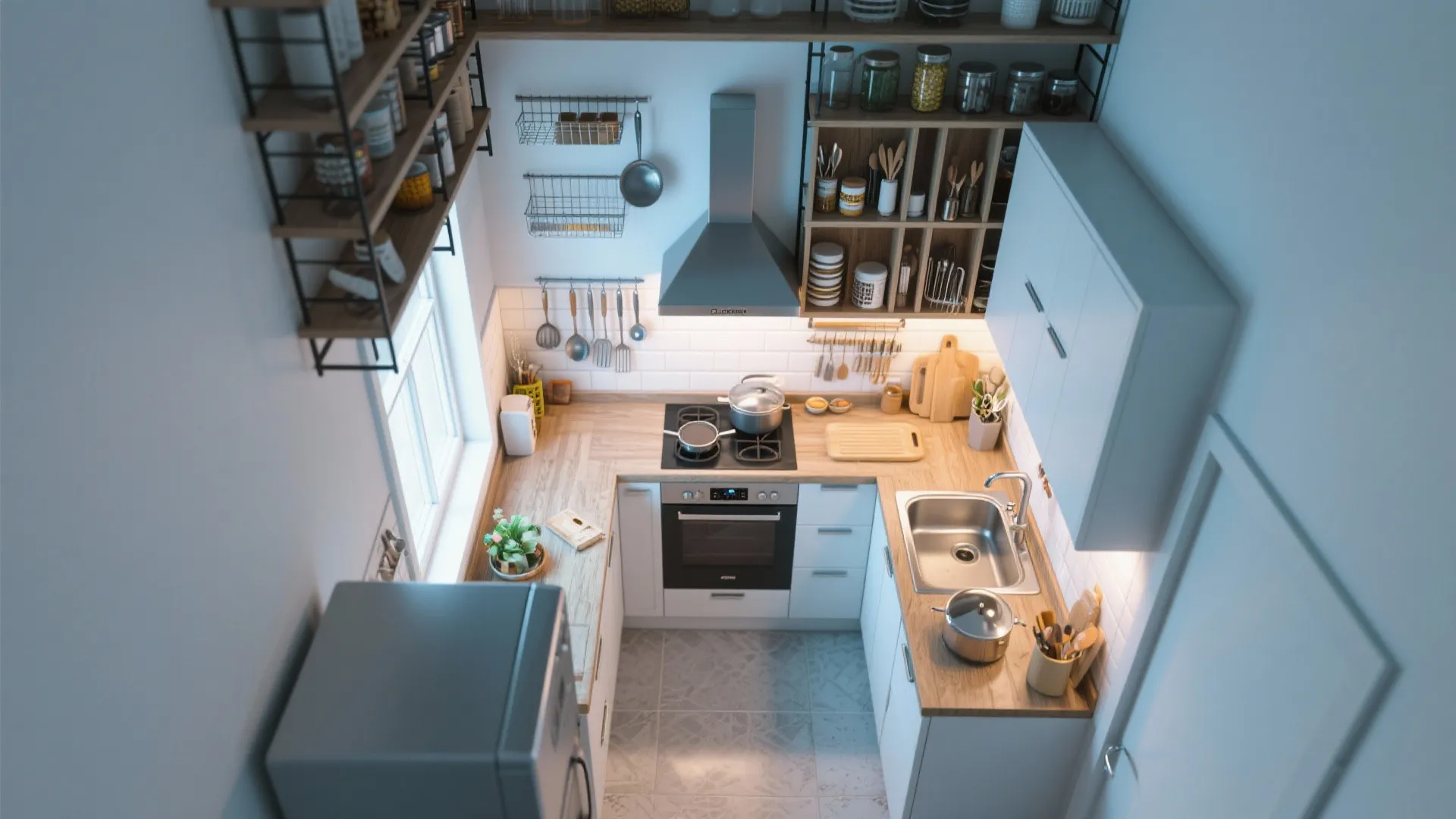 Ceiling-high shelves and hanging racks in a small kitchen