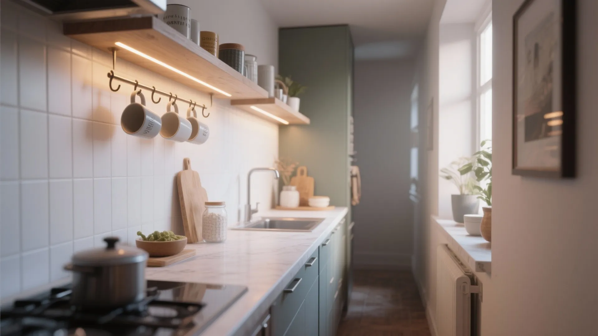Narrow modern kitchen with green cabinets white tiles wooden wall shelves and bright natural window light