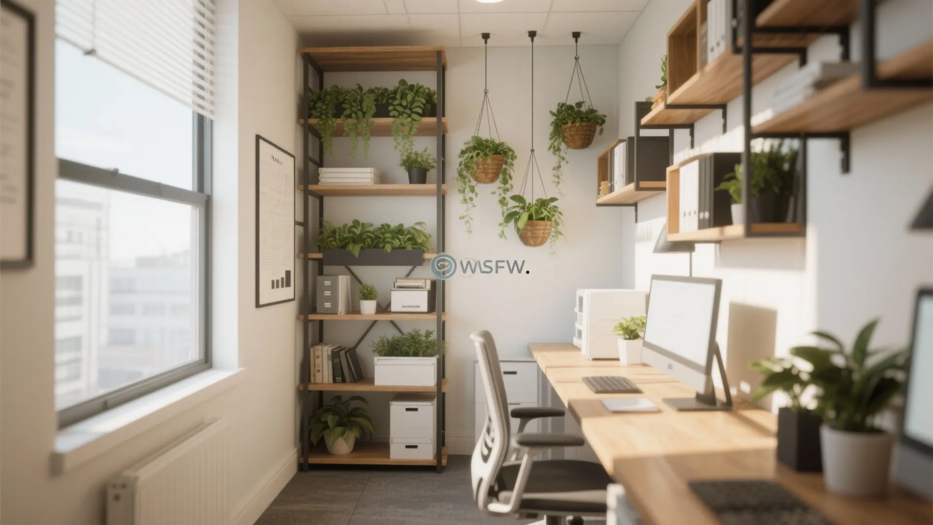 Small home office with wooden desk and wall shelves decorated with many green hanging plants