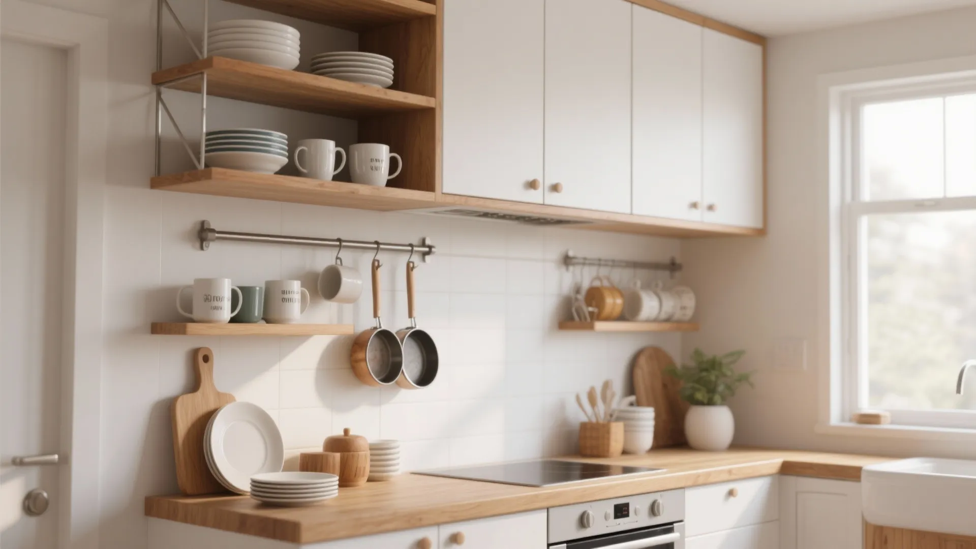 Vertical kitchen storage with open shelves and hanging rail