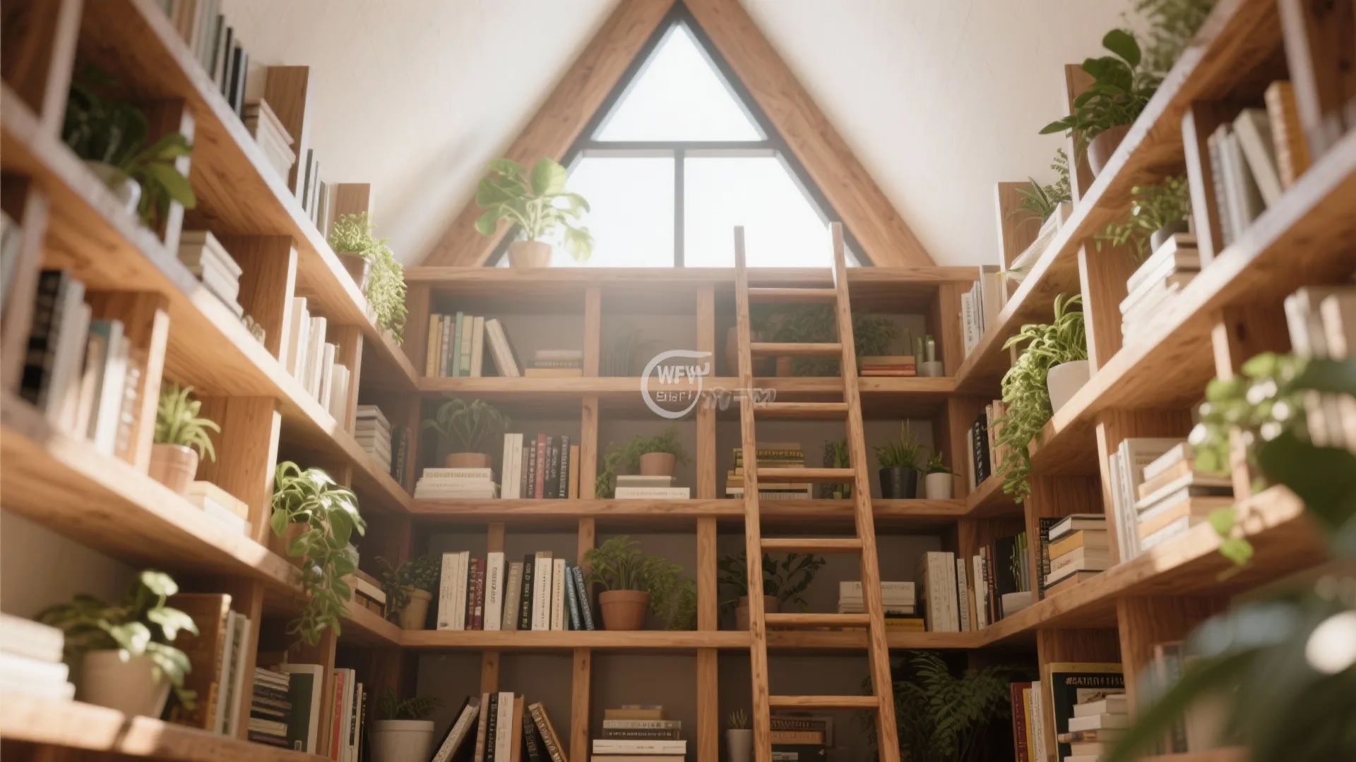 Tall shelves in A-frame bedroom with wooden ladder