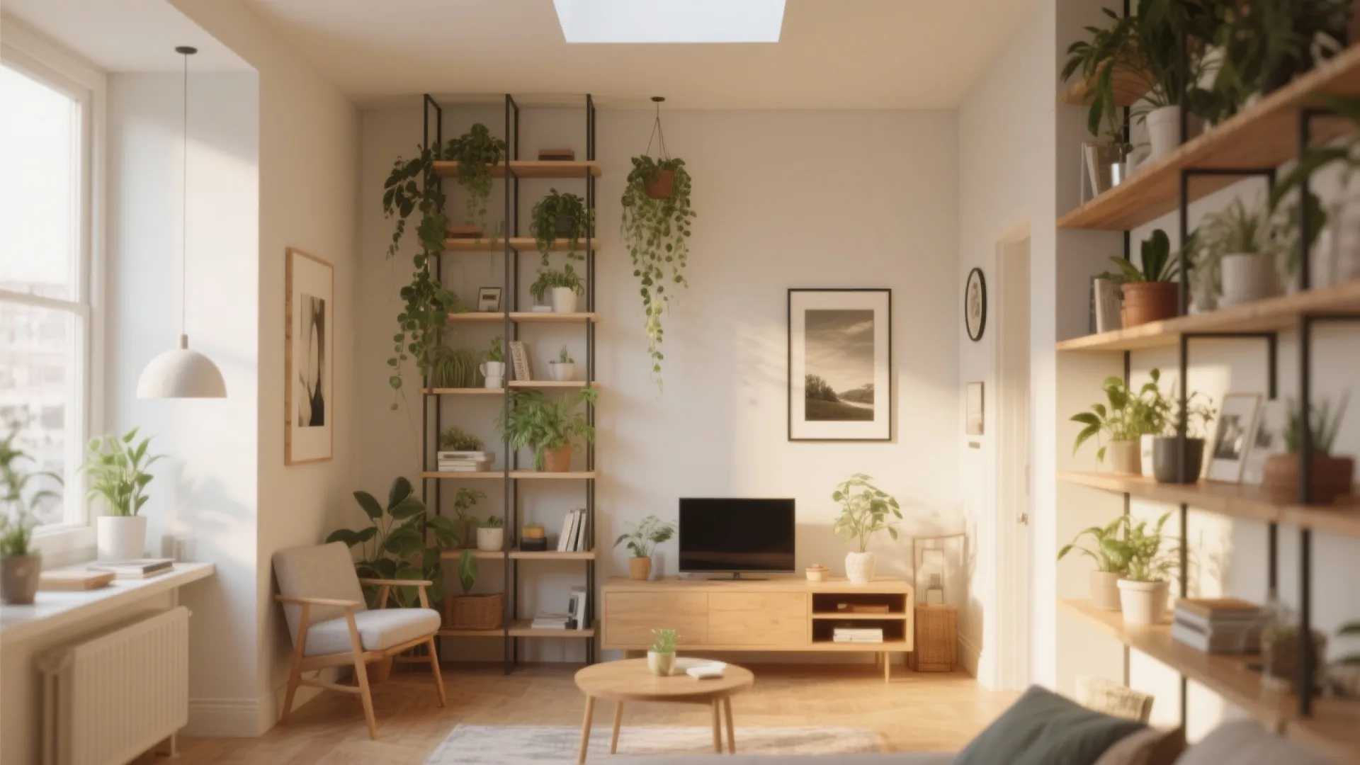 Living room with many green plants on wooden shelves a television and a grey armchair