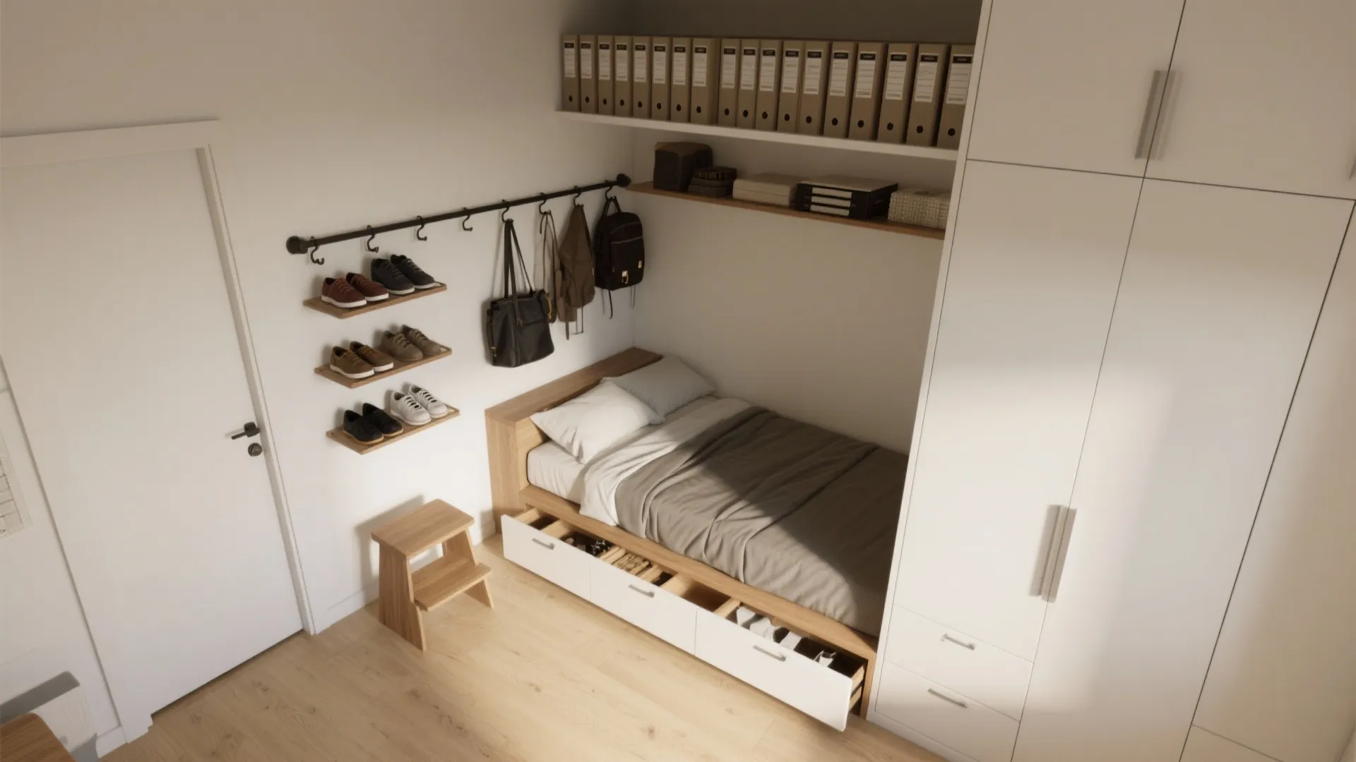 Use the forgotten places: doors, under-bed, above-head