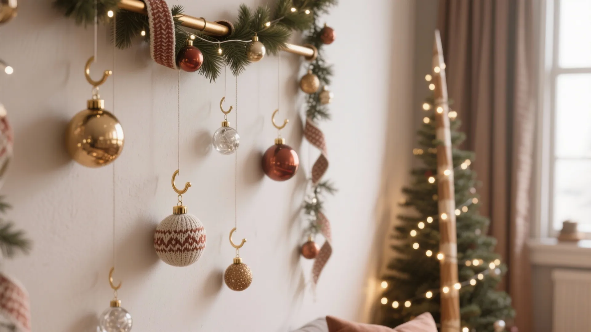 Gold rod with pine needles holding hanging Christmas ornaments and a lit tree in background