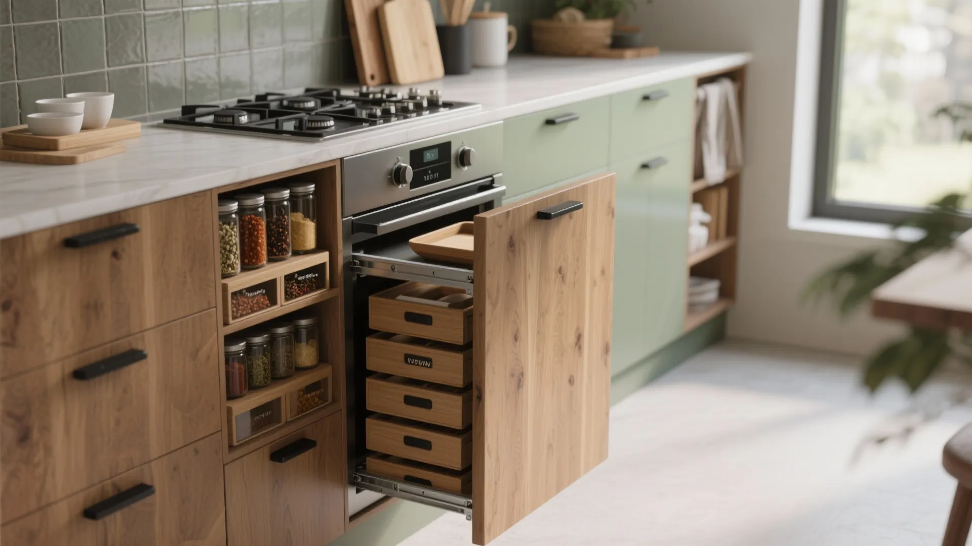 1. Vertical pull-out drawers for spices and trays