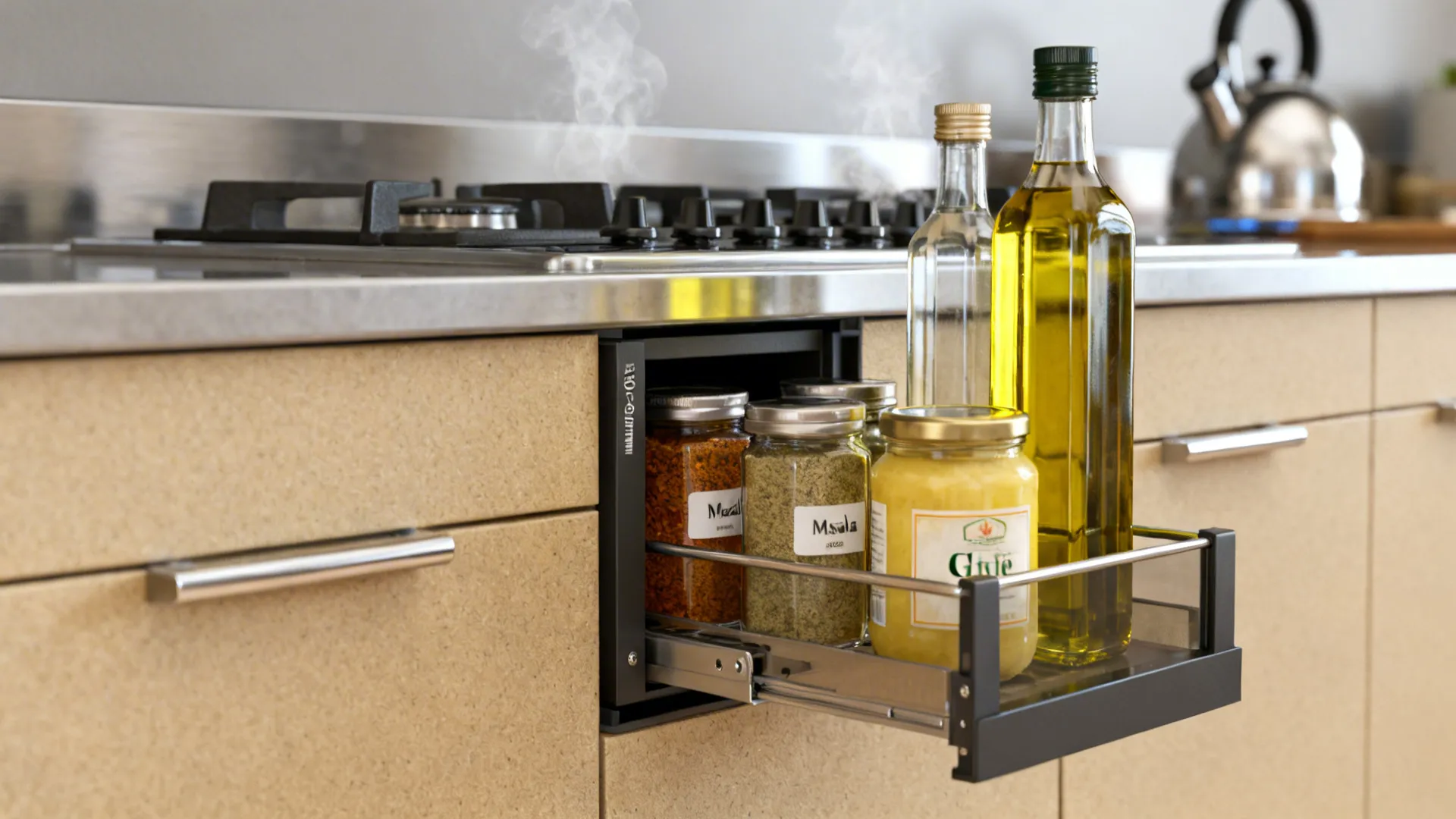 Pull out kitchen cabinet drawer holding glass spice jars and oil bottles near a gas stove