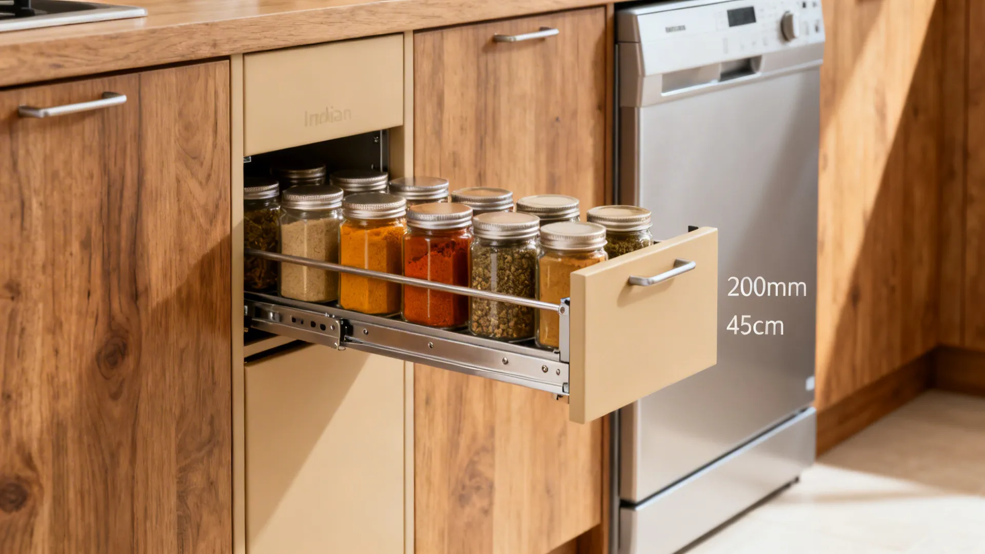 Macro of a tall spice pull-out with neatly arranged masala jars and smooth slides.