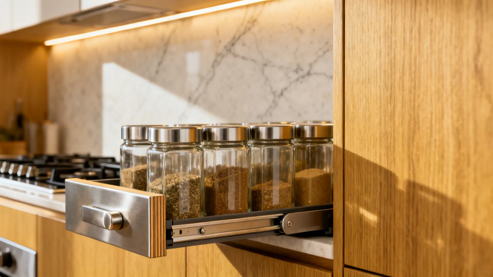 Macro view of a vertical spice pull-out with jars beside the hob
