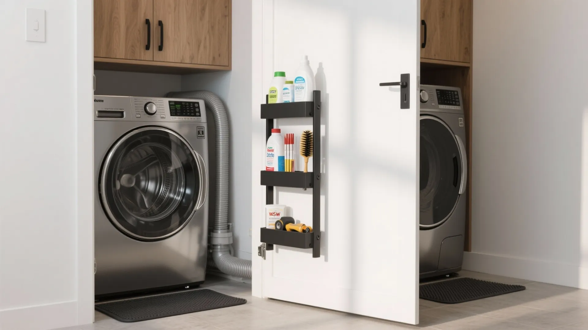 Storage rack attached to a white door holding cleaning supplies next to a washing machine
