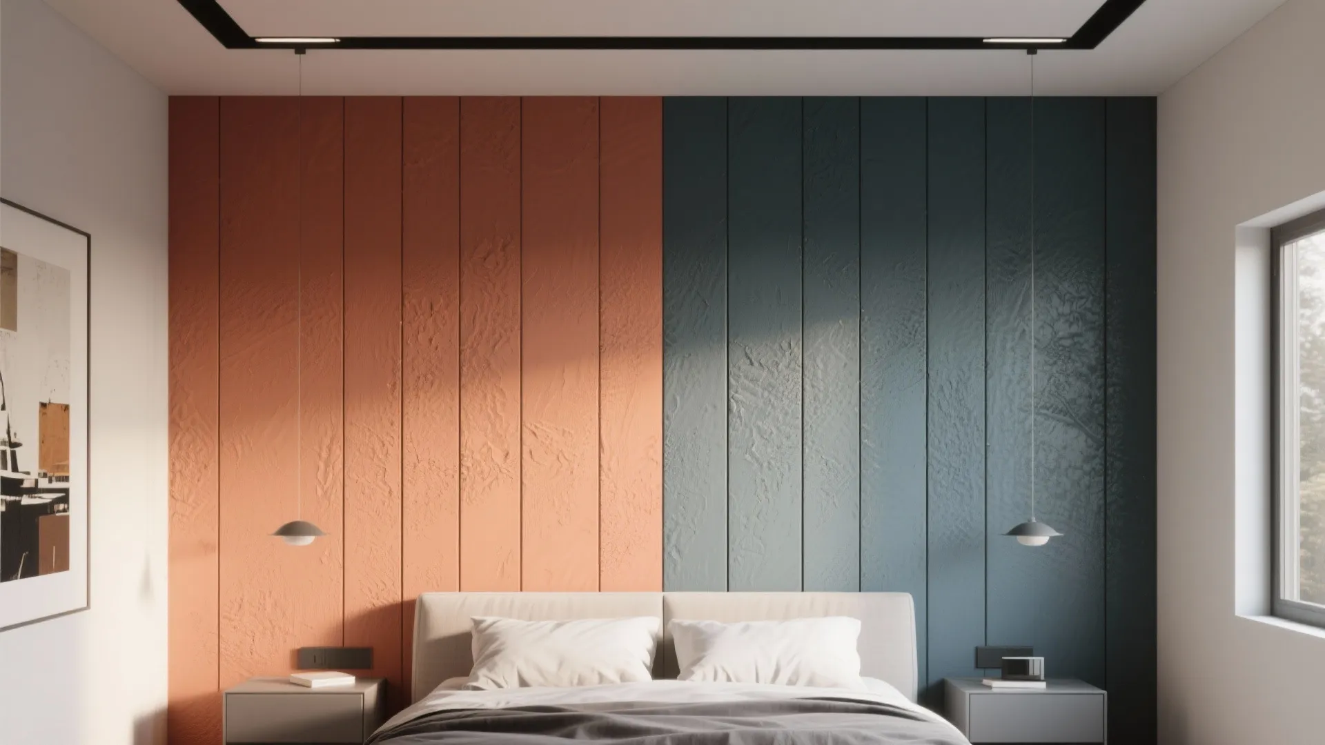 Modern bedroom featuring a bed with two light fixtures against a blue and orange wall