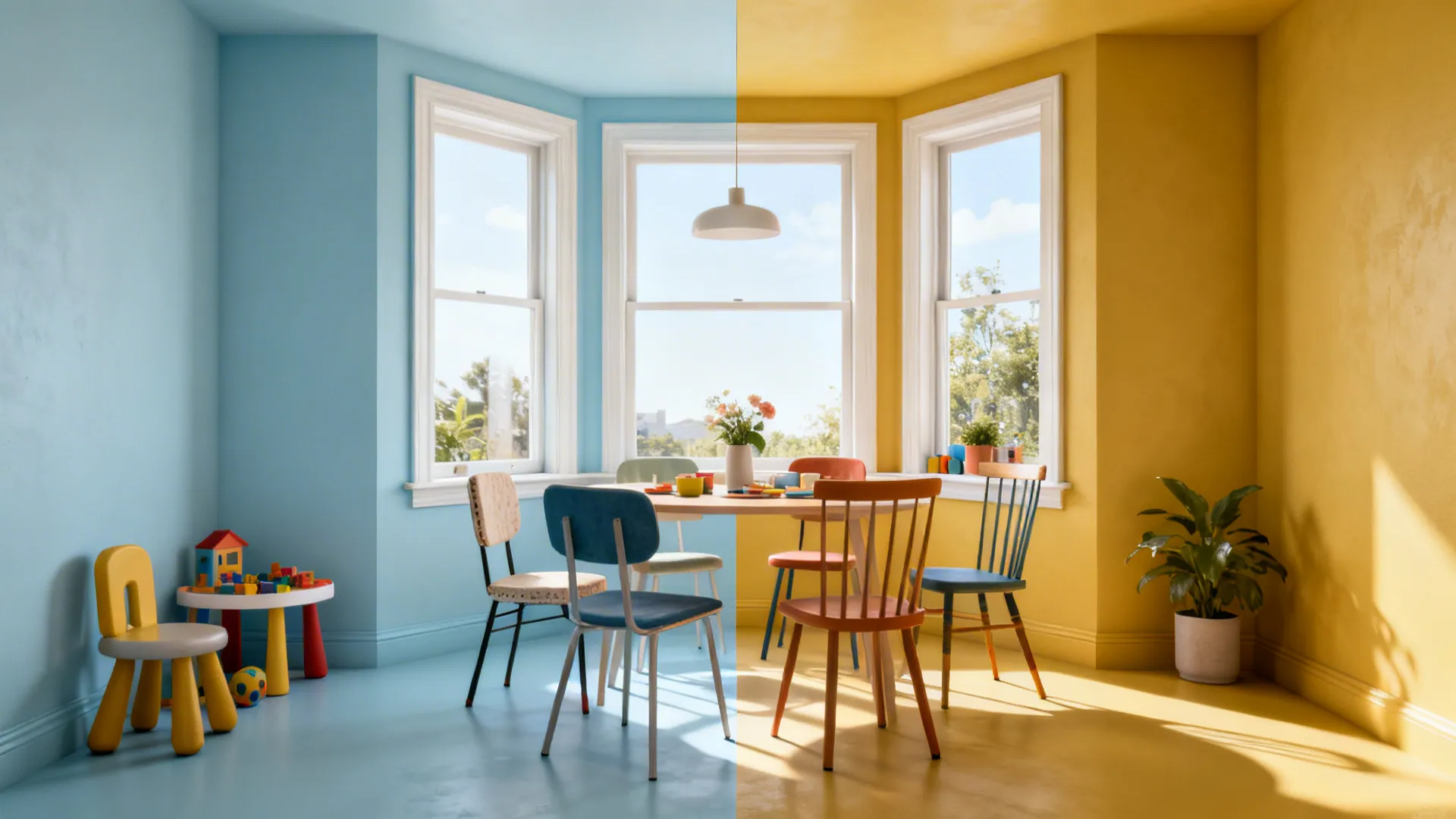 Dining nook with vertical split of pale blue and honey yellow walls, bright and dynamic