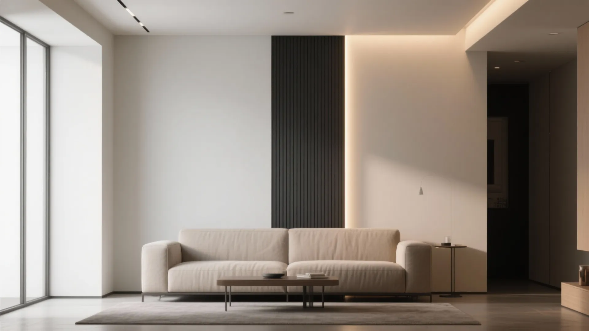 Modern compact lounge with a slim vertical dark panel and pale wall separated by narrow trim to create a height illusion.