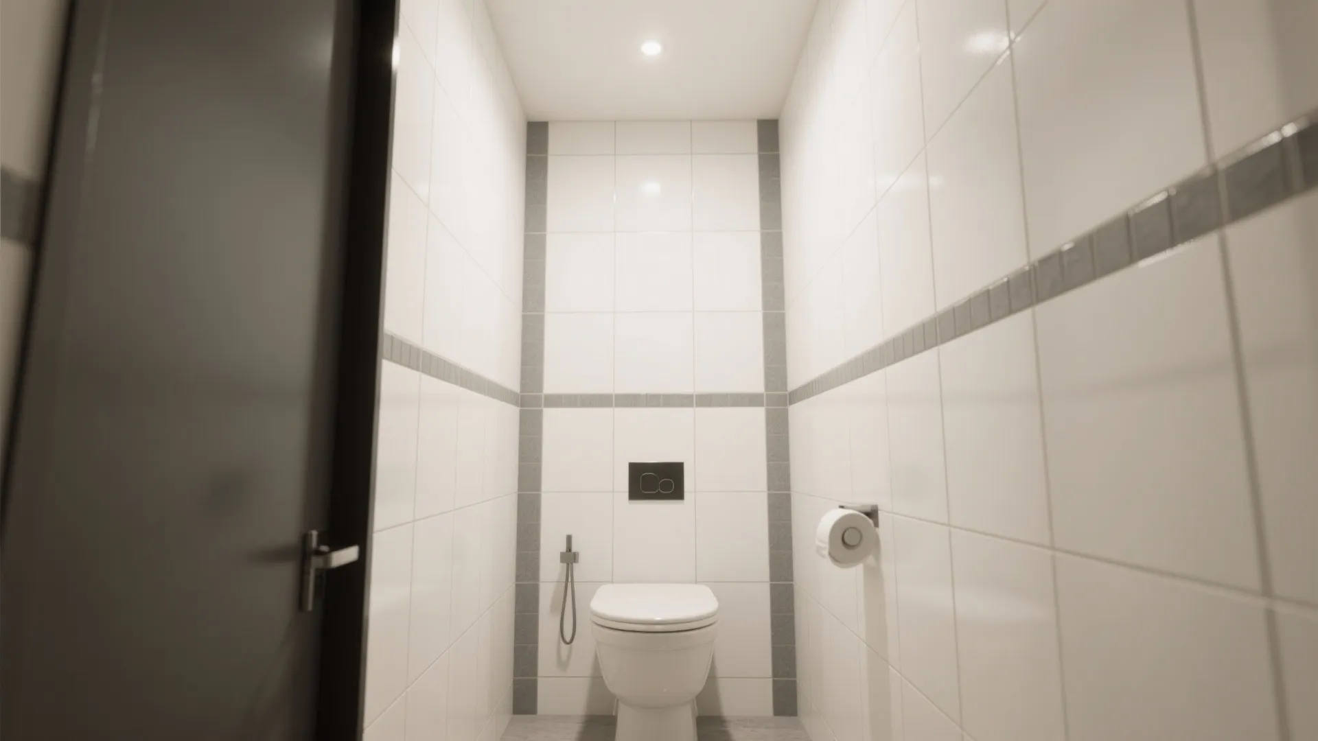 Modern bathroom with white wall tiles grey border lines a wall hung toilet and toilet paper