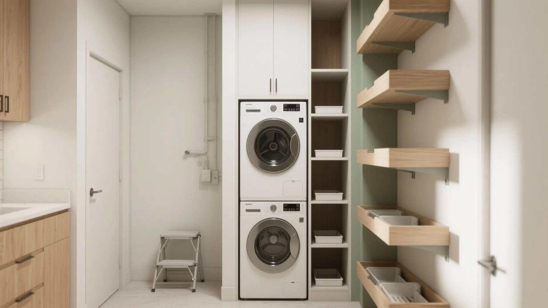Modern laundry room featuring stacked washing machine and dryer inside white cabinets with wooden shelves