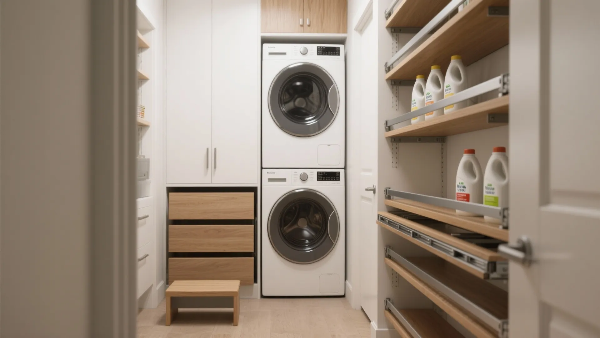 Narrow laundry closet with stacked washer dryer and adjacent sliding pull-out shelves storing detergents and supplies.