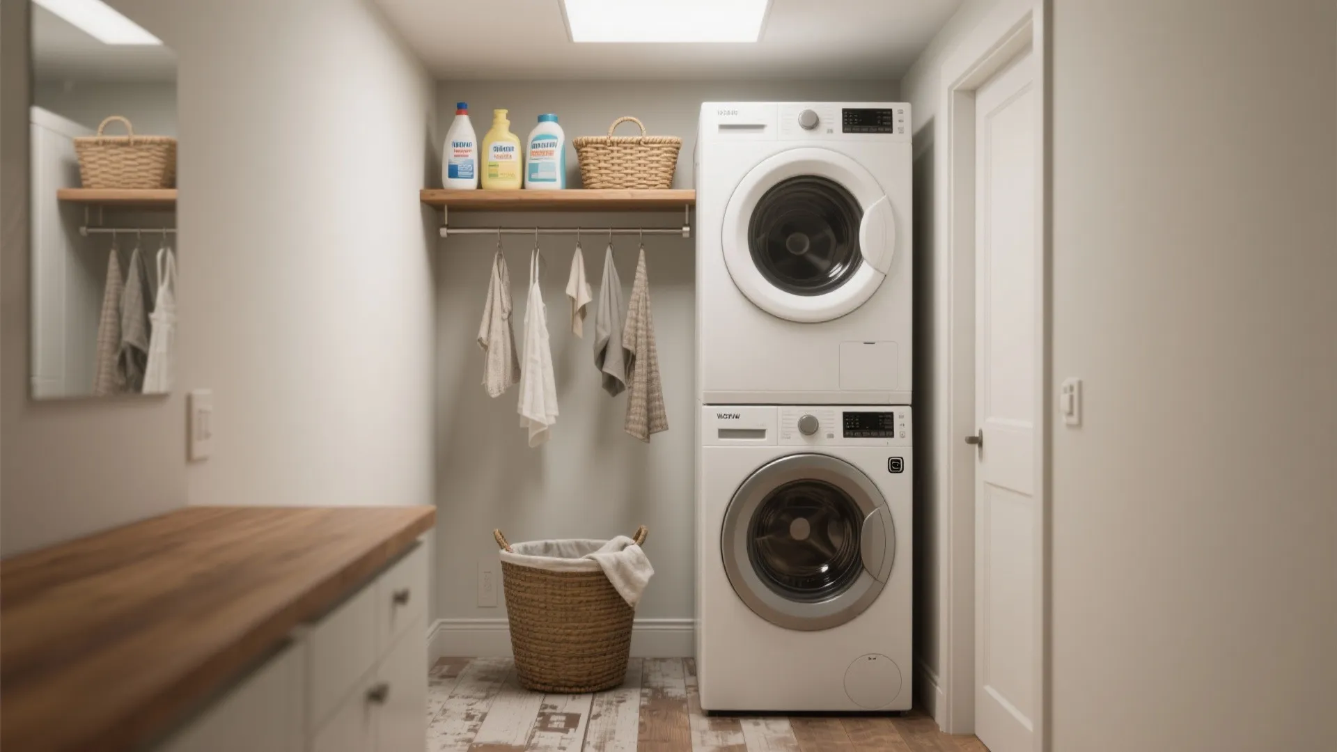Stacked washer and dryer with a shallow shelf and hanging rod for delicates, maximizing vertical space.