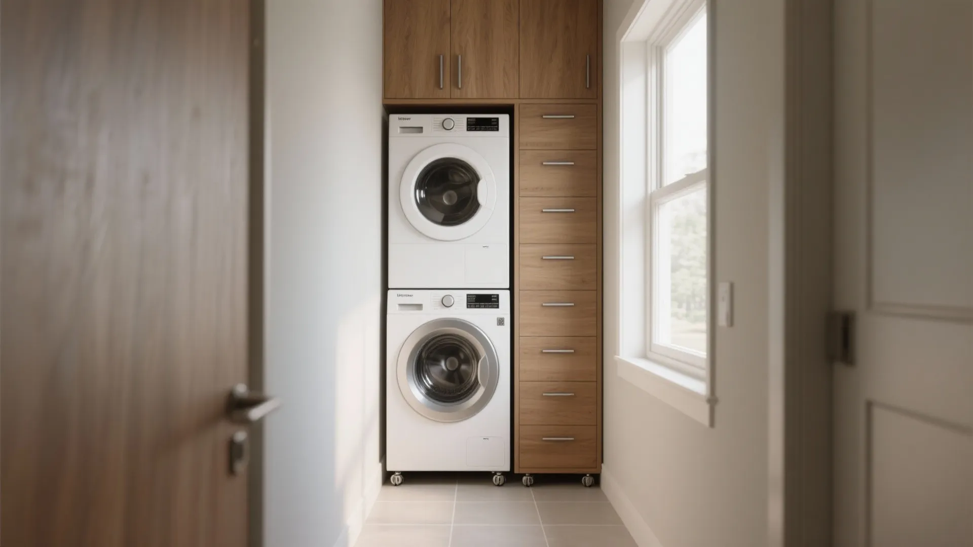 Modern laundry room with stacked white washer and dryer next to tall wooden storage cabinet