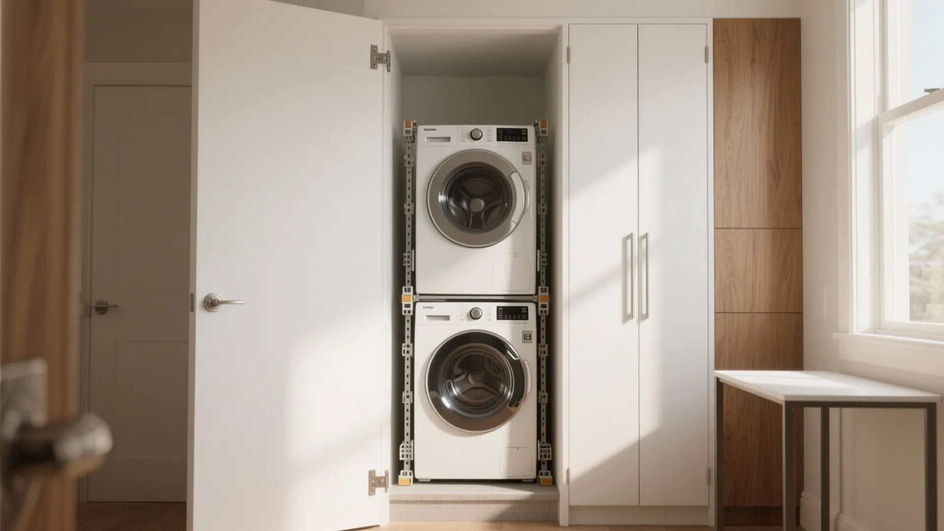 Modern white washing machine and dryer stacked inside a tall cabinet in a bright room