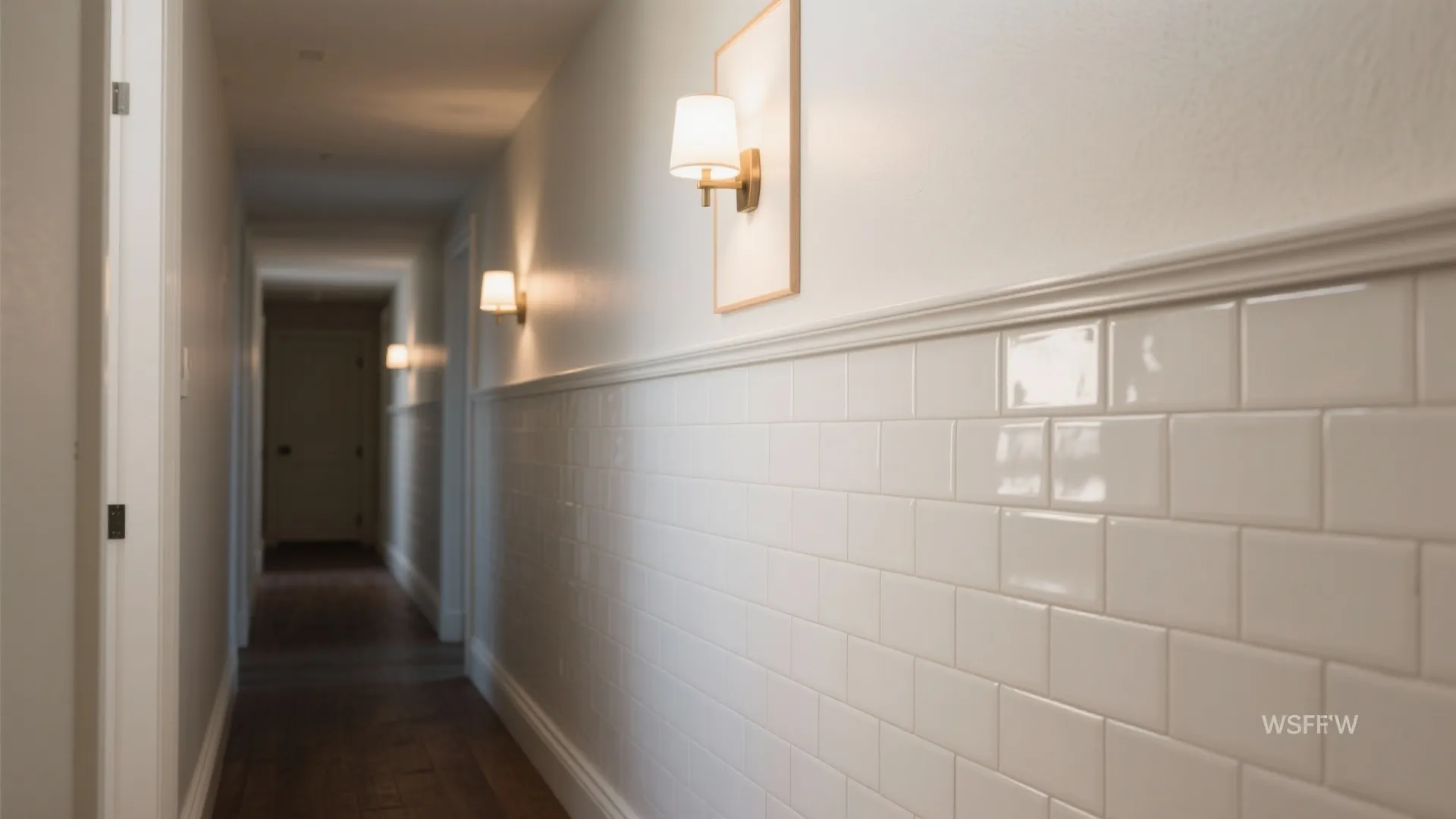 Long hallway with dark wood floors white wall tiles and multiple glowing gold wall lights
