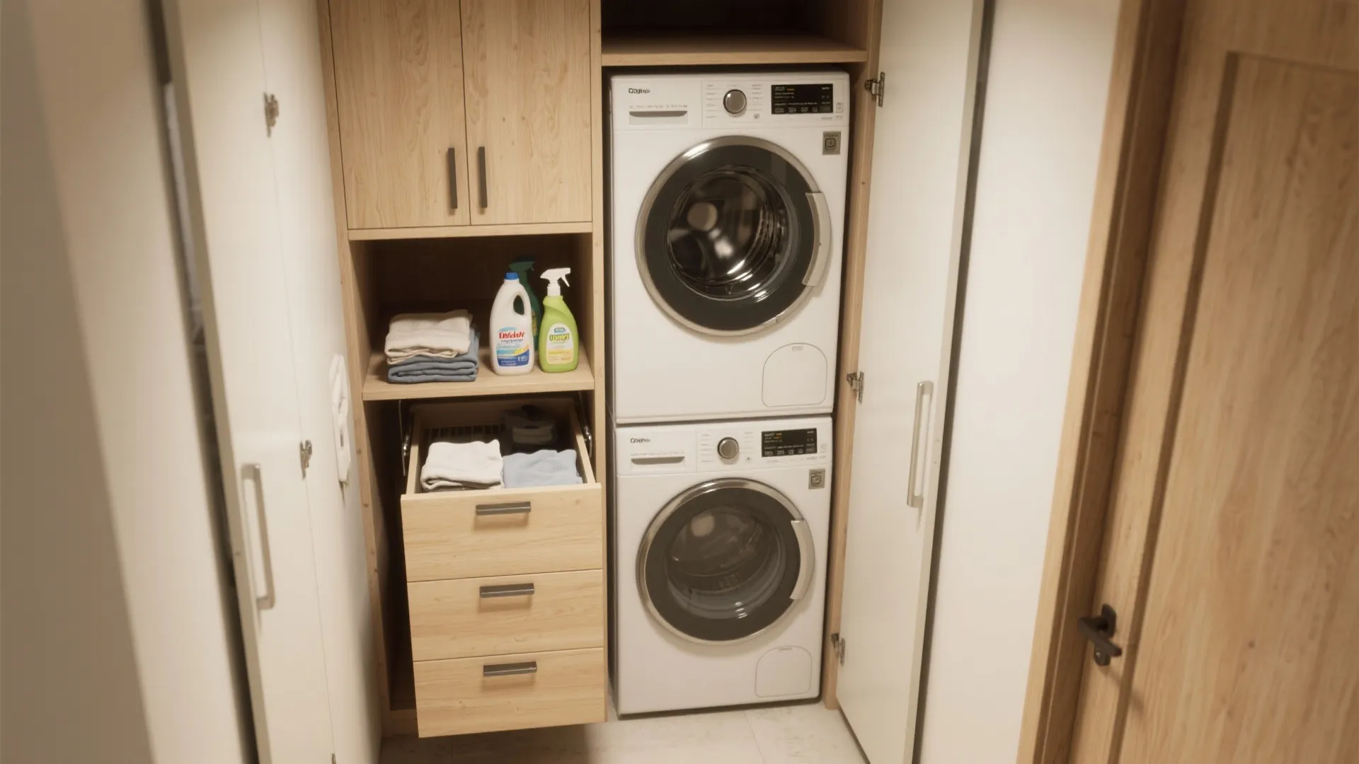 1. Vertical Laundry Stack with Sliding Shelves