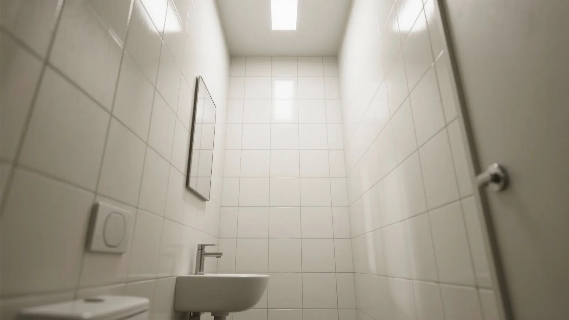 Narrow white tiled bathroom with small wall sink and mirror under a bright ceiling light