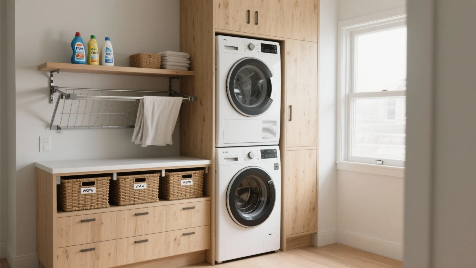 Modern laundry room featuring stacked washing machine and dryer inside a light wood cabinet setup
