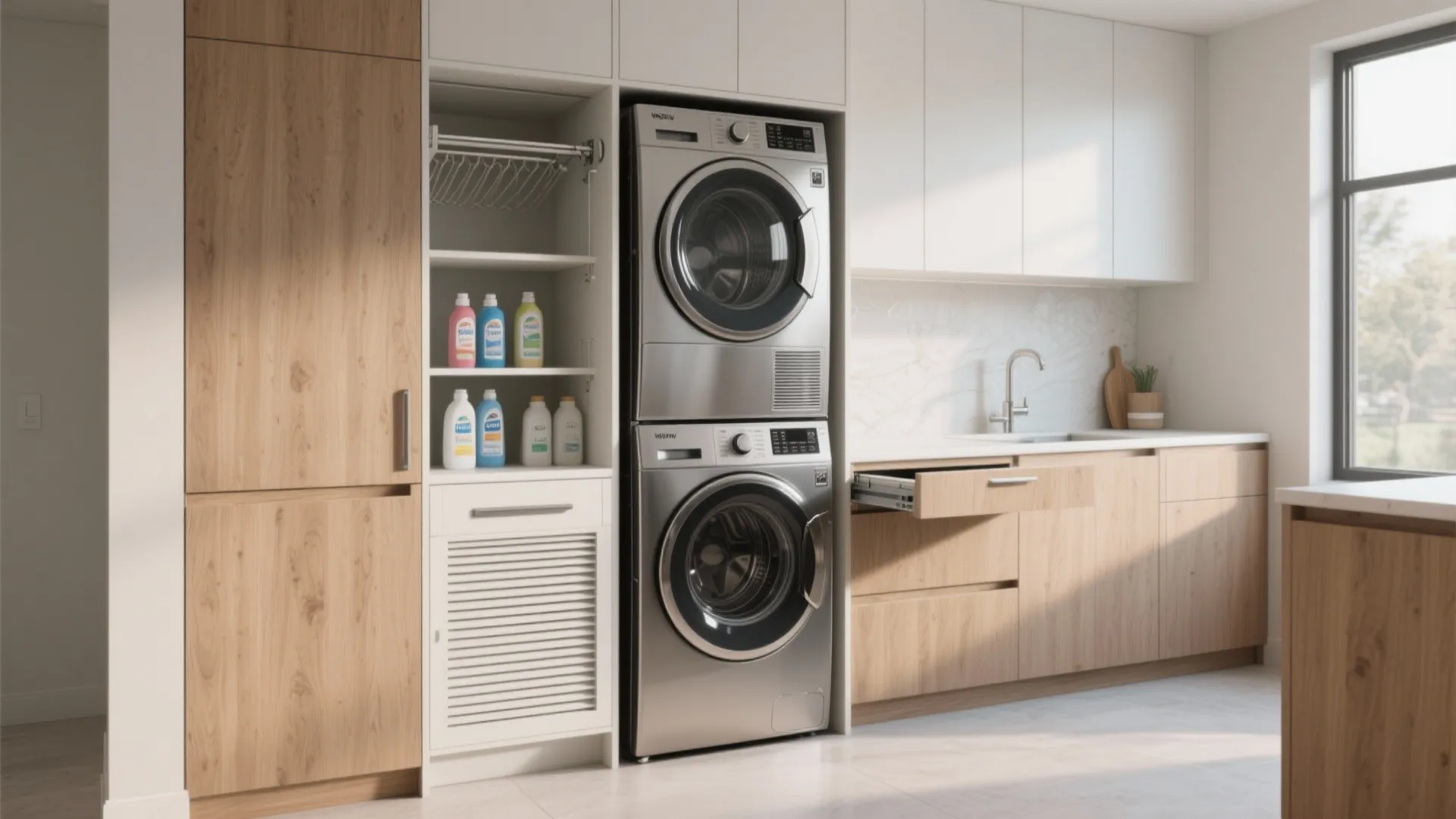 Modern laundry room featuring a stacked washing machine and dryer inside a custom wooden cabinet