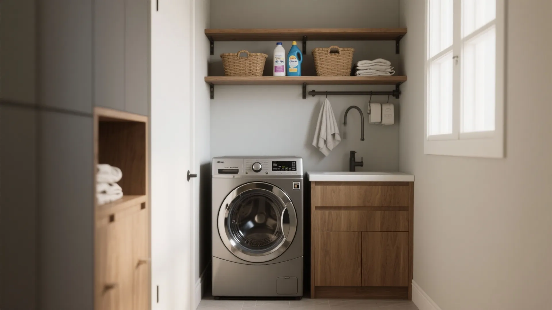 Compact laundry room with silver washing machine under wooden shelves and next to bathroom sink