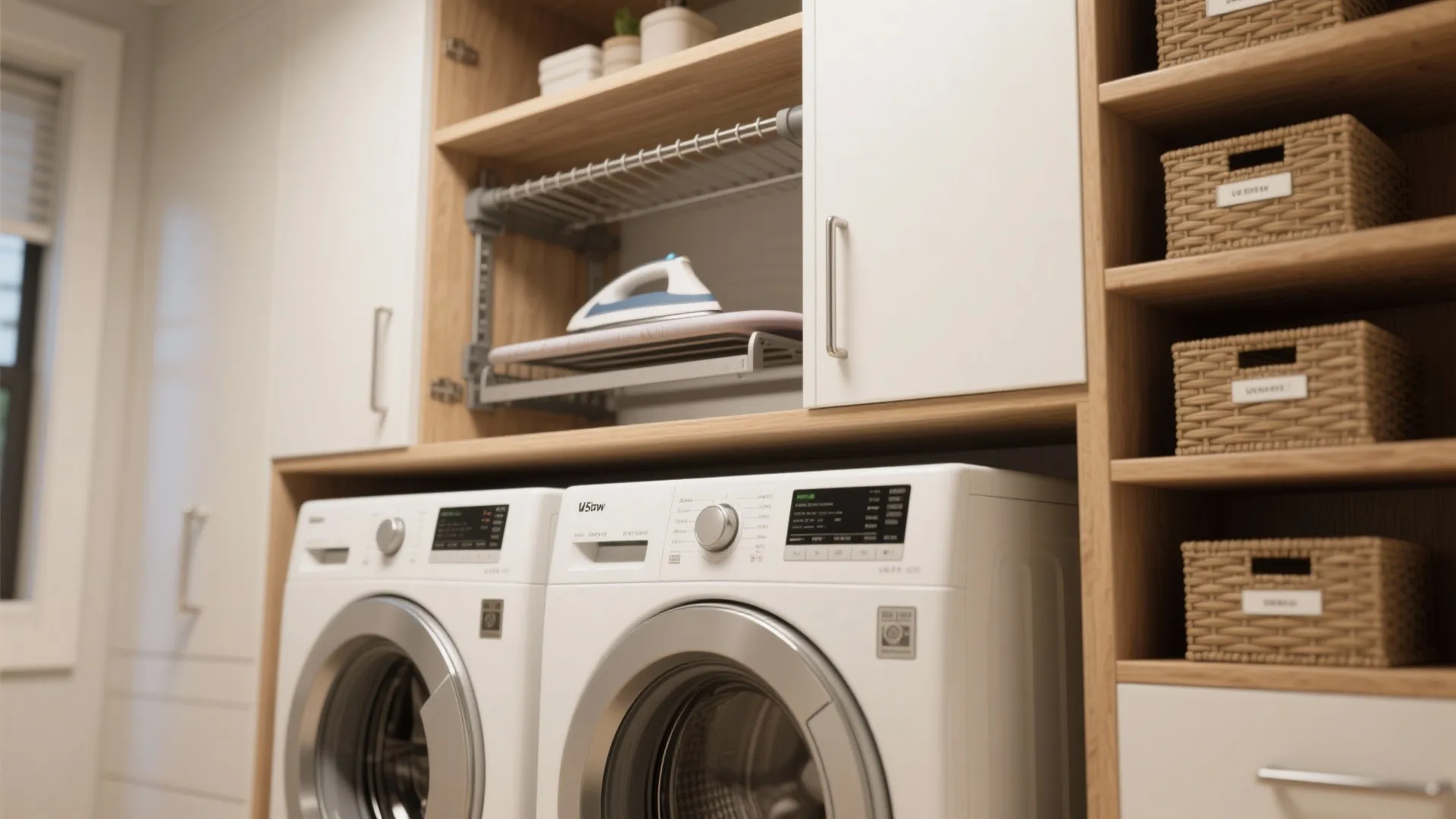 Modern laundry room with two washing machines wood shelving woven baskets and an iron board