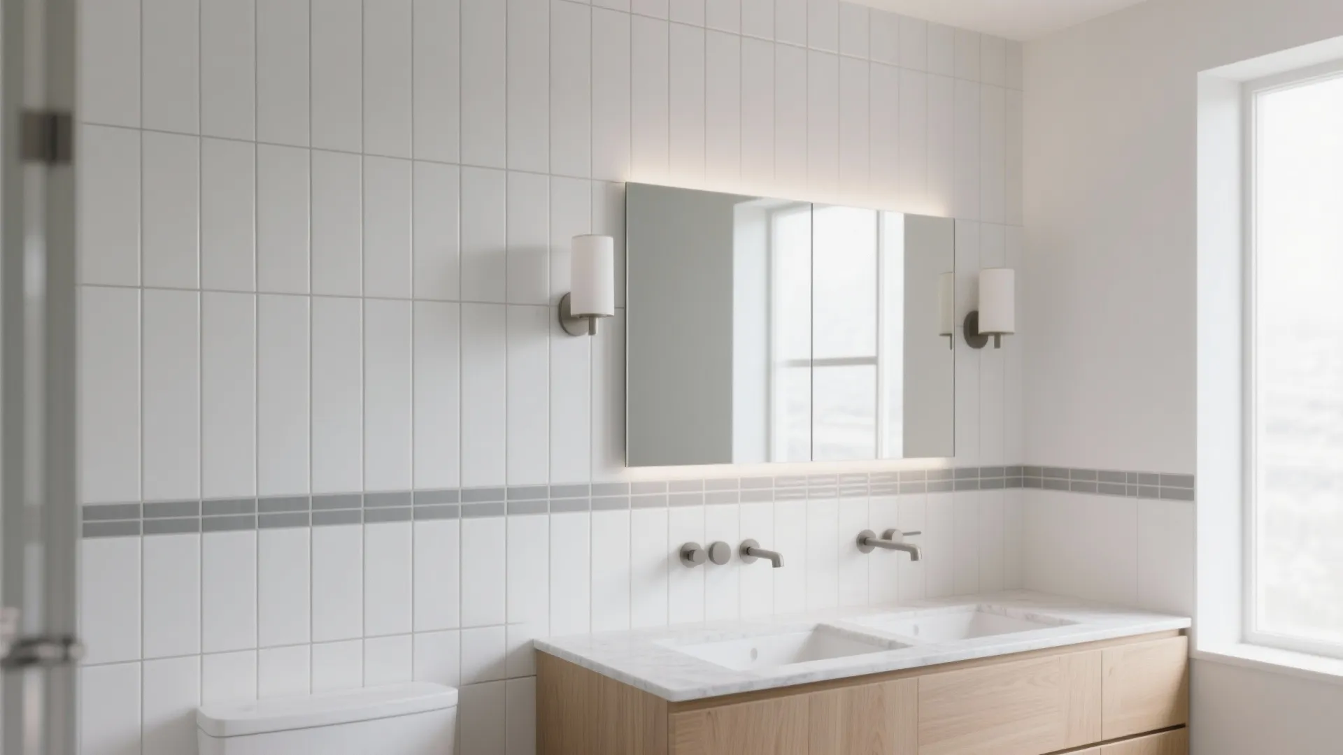 Modern white bathroom with double sink cabinet large mirror wall light fixtures and tiled wall