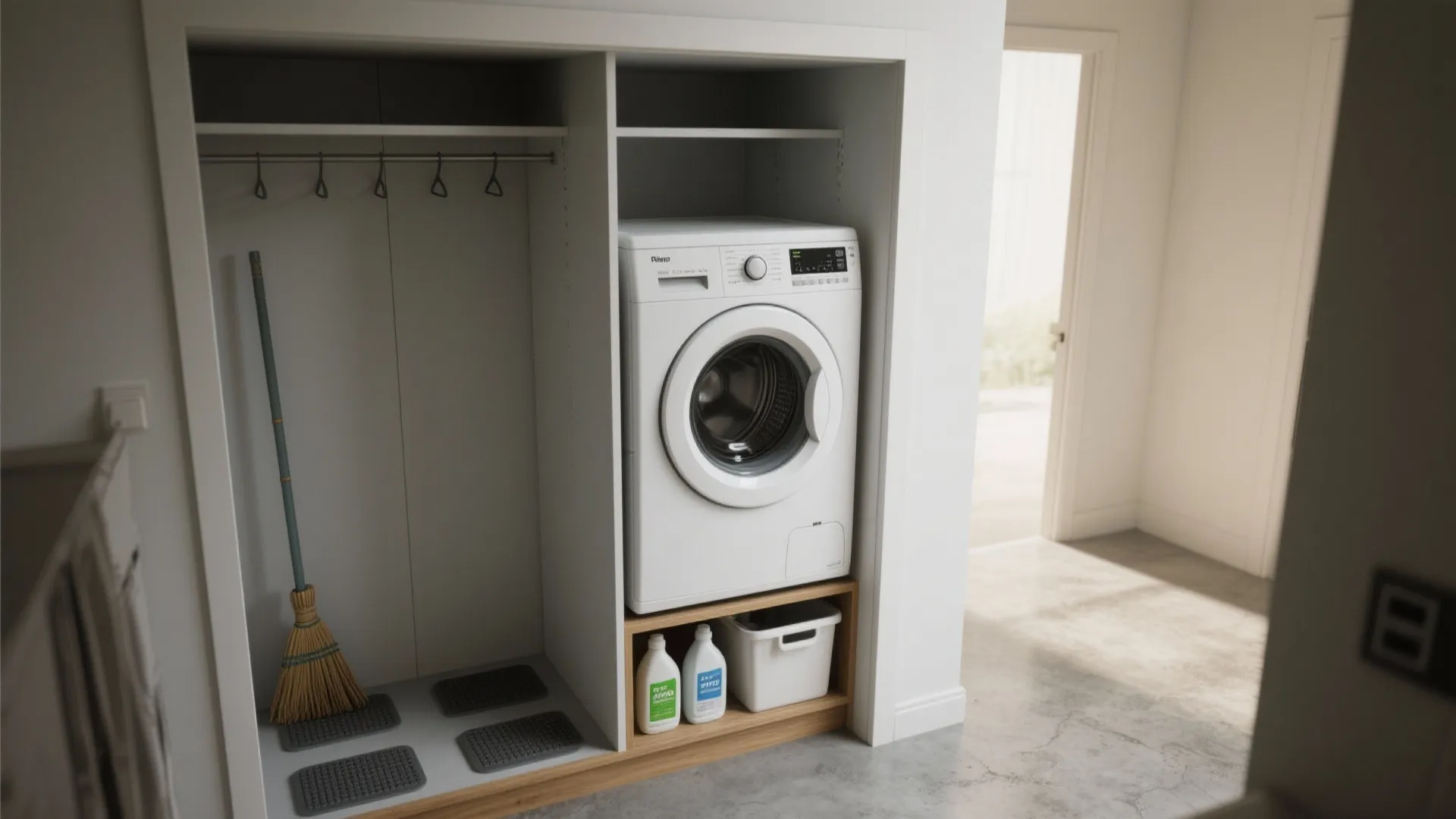 Shallow closet with a stacked washer over dryer, slim shelf and anti-vibration pads.