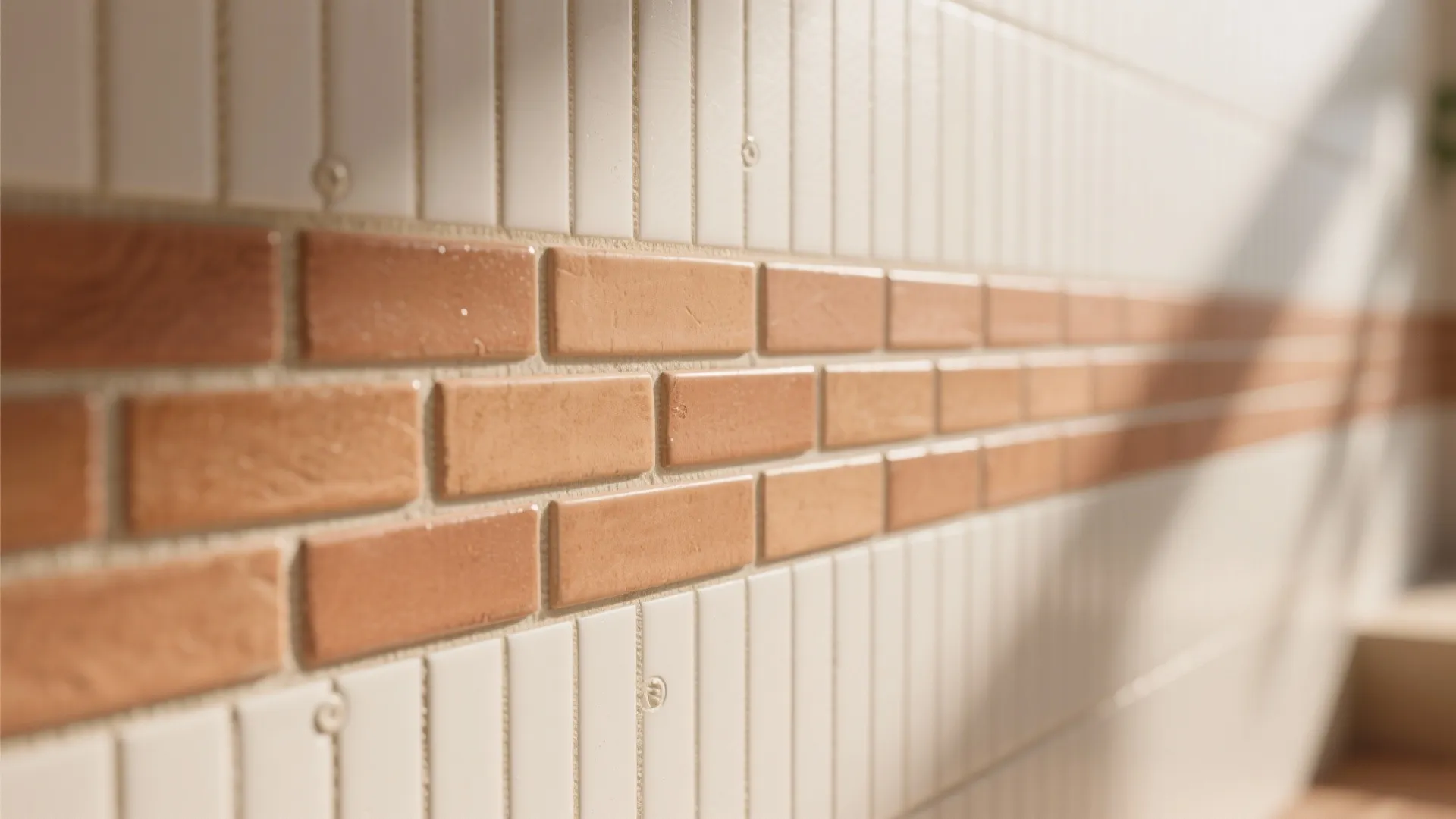 Close up of white vertical wall tiles with a horizontal orange brick tile pattern design detail