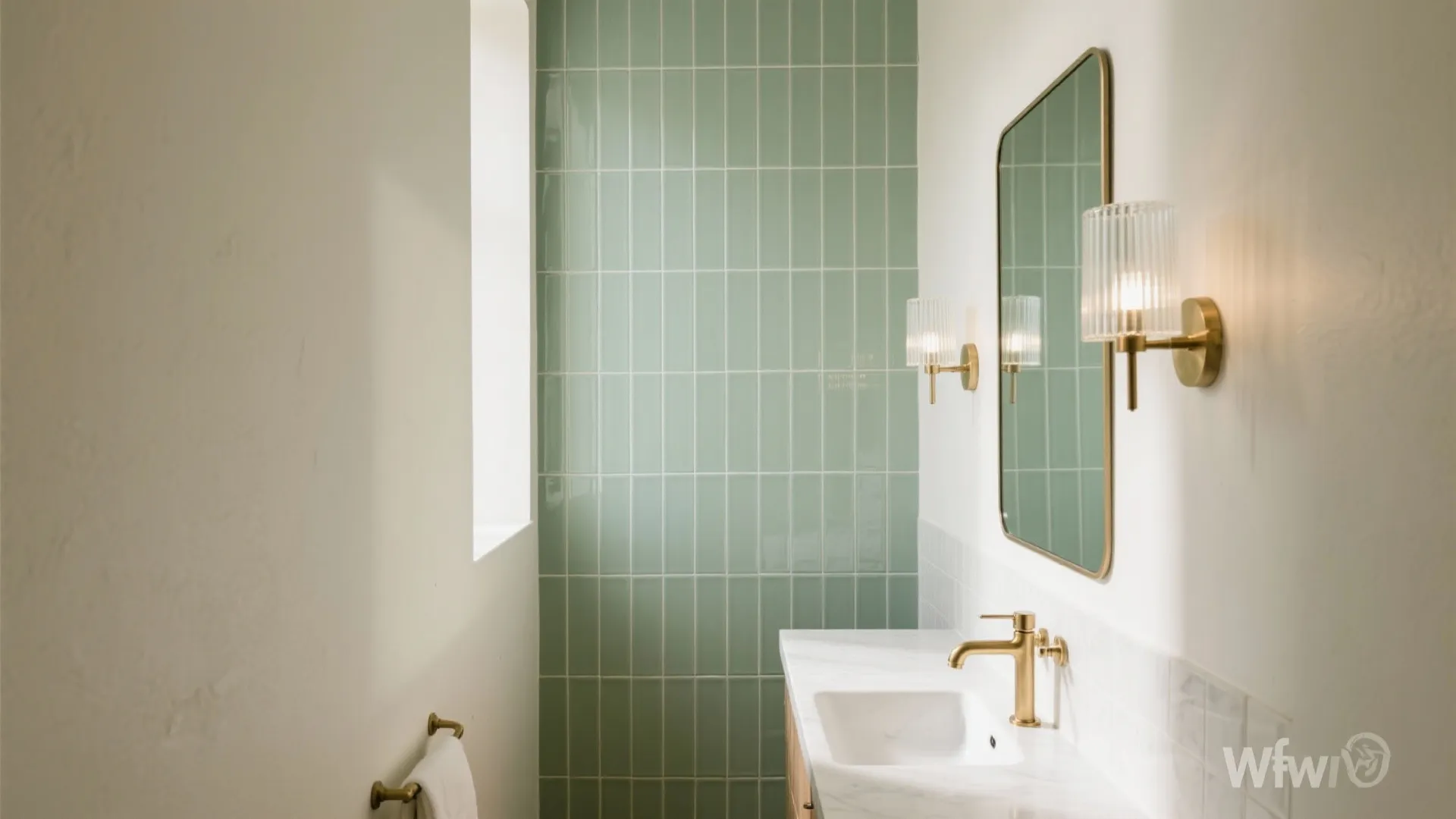 Vertical stack bond for height, with warm metal accents