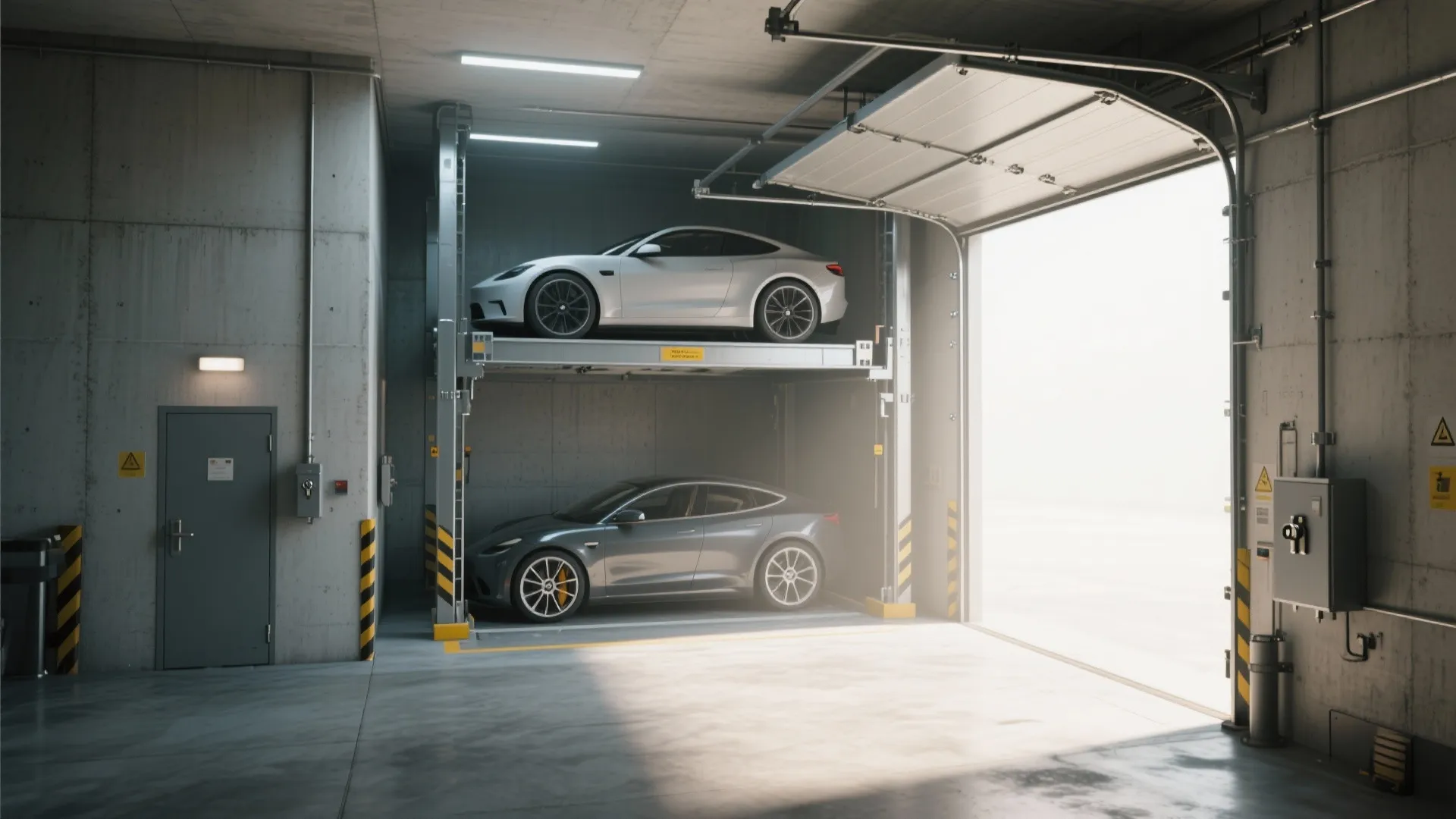 Two modern cars parked vertically on a metal car lift inside a bright concrete garage