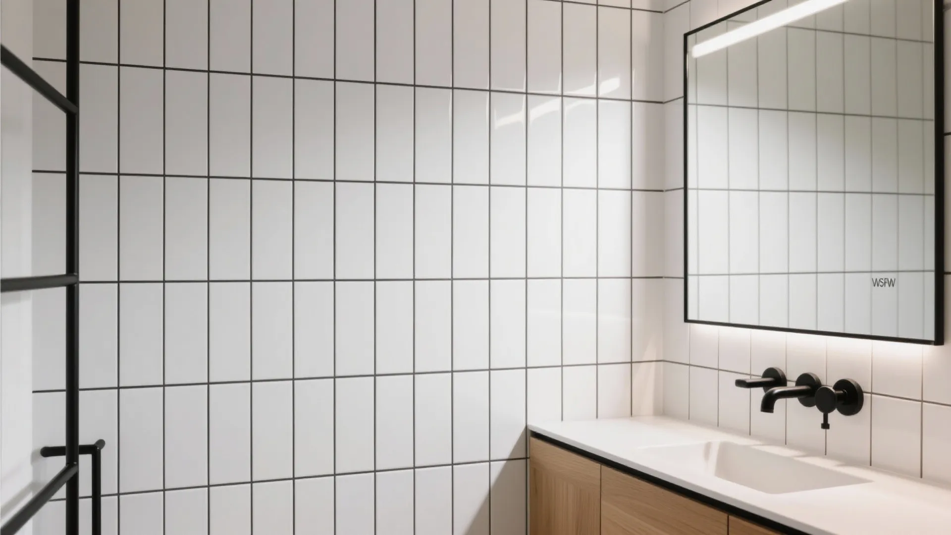 Modern bathroom with vertically stacked white wall tiles black faucet mirror and light wood cabinet