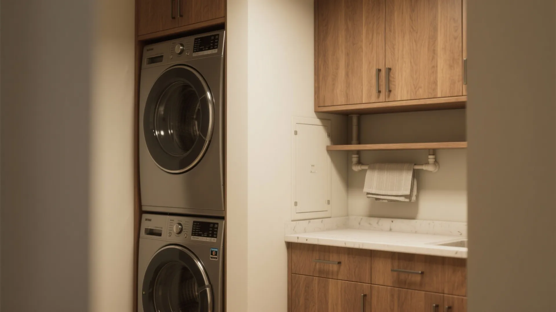 1. Vertical Cabinet + Stack: Use full-height storage to flank the stack