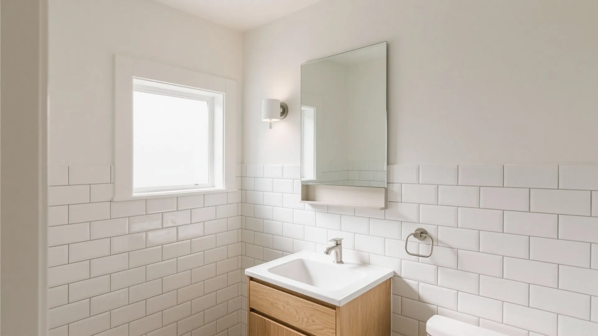 Small bath with vertically stacked white 2x8 subway tiles and light grout.