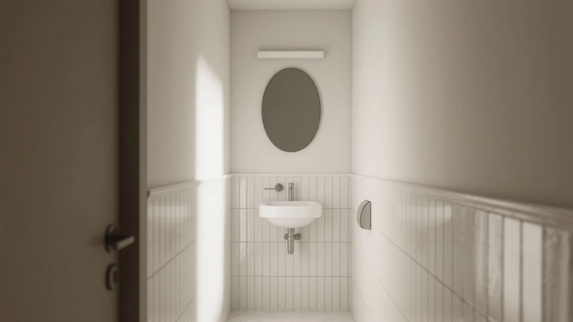 Narrow modern bathroom showing small white wall tiles plus an oval mirror and white sink