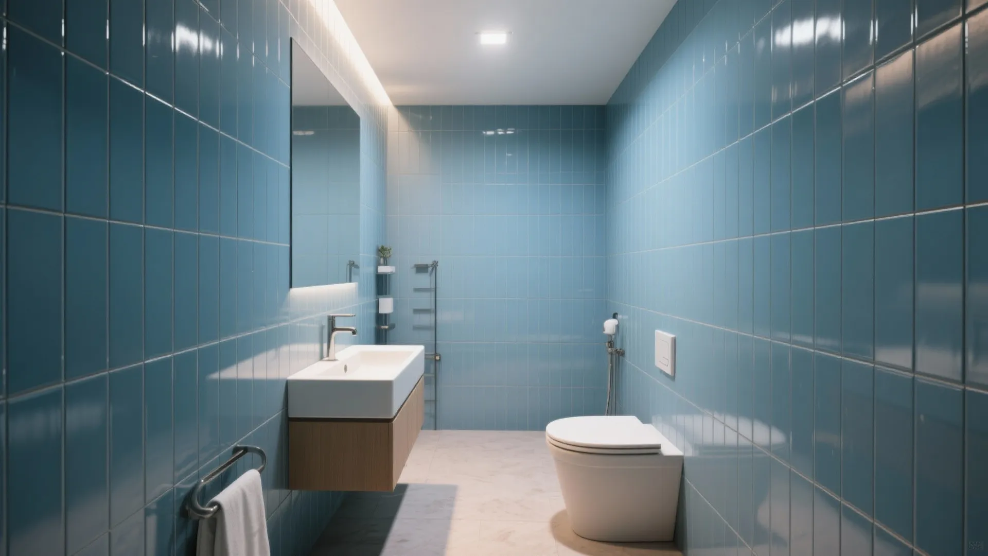 Bathroom with vertically stacked blue subway tiles creating a taller visual effect