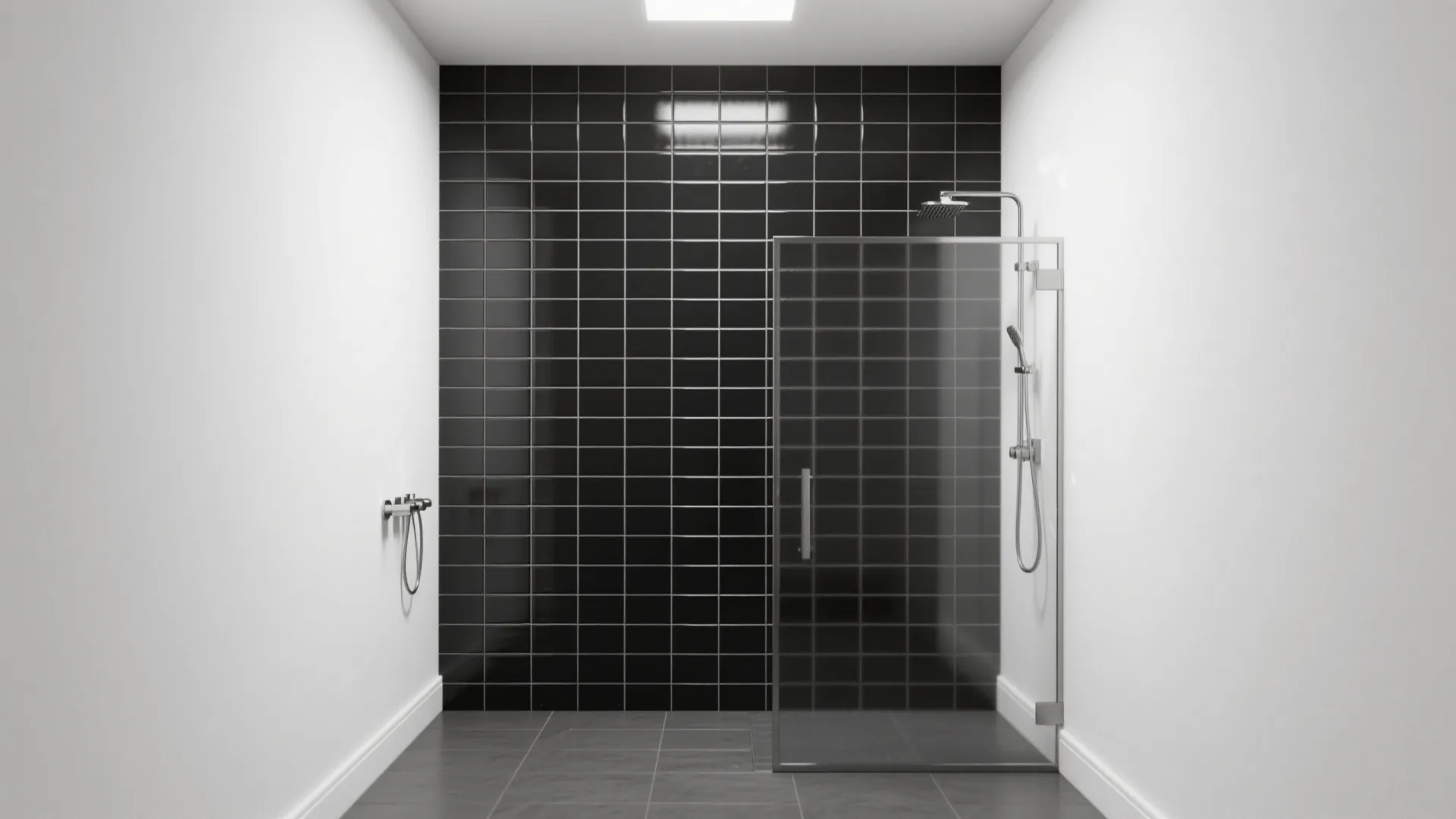 Shower wall with vertically stacked black subway tiles creating a taller visual effect.