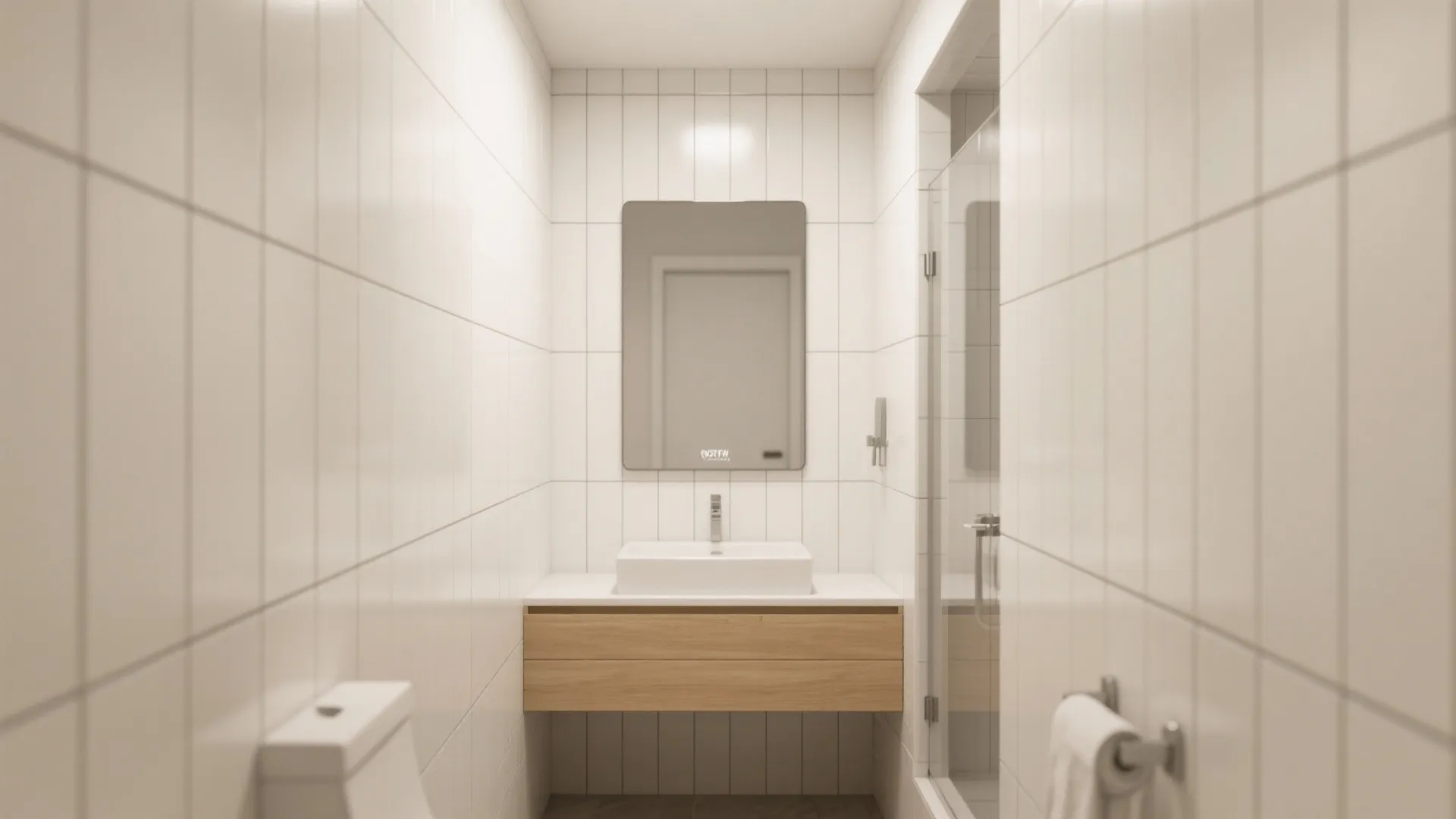 Modern bathroom interior design with white tile walls wood cabinet white sink and mirror layout