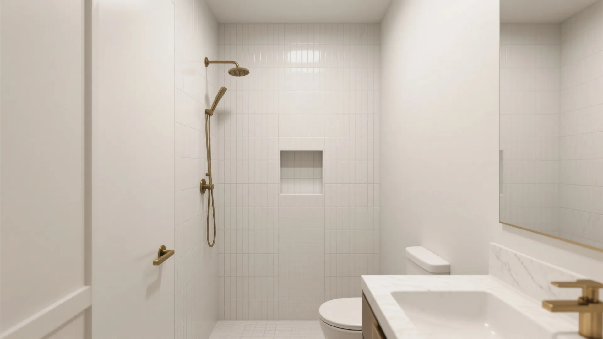 Compact shower with 2x4 tiles in a vertical stack wrapping into a niche, creating a taller, calmer feel.