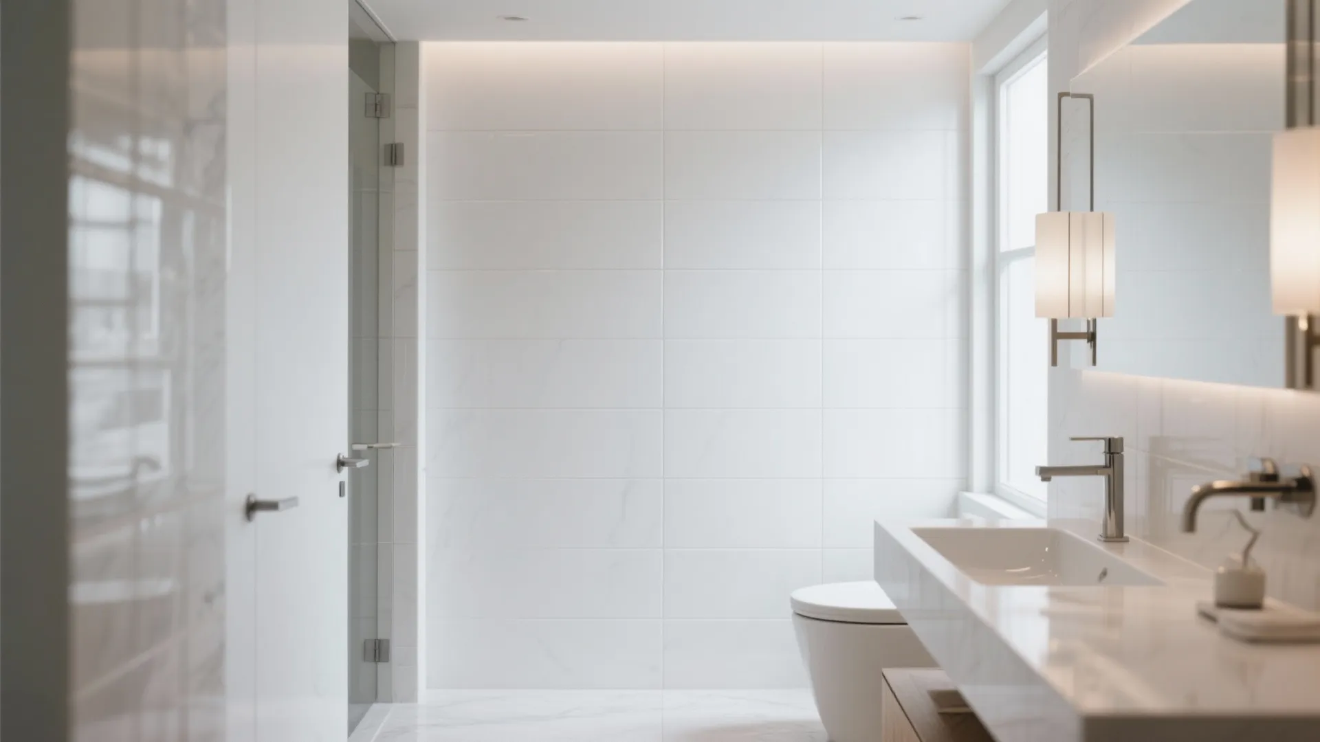 Modern white bathroom layout with large wall tiles a floating sink and a wall light