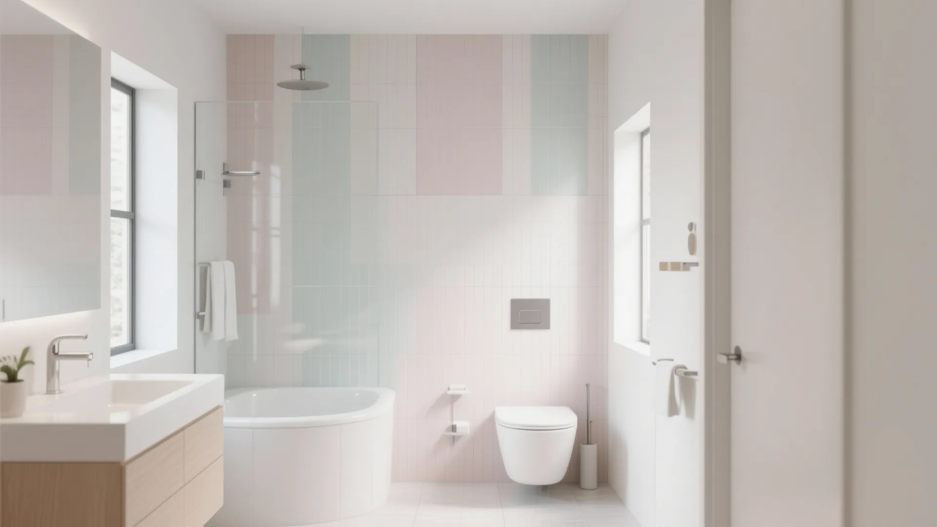 Modern bright bathroom with pastel pink and blue vertical wall tiles white bathtub and toilet